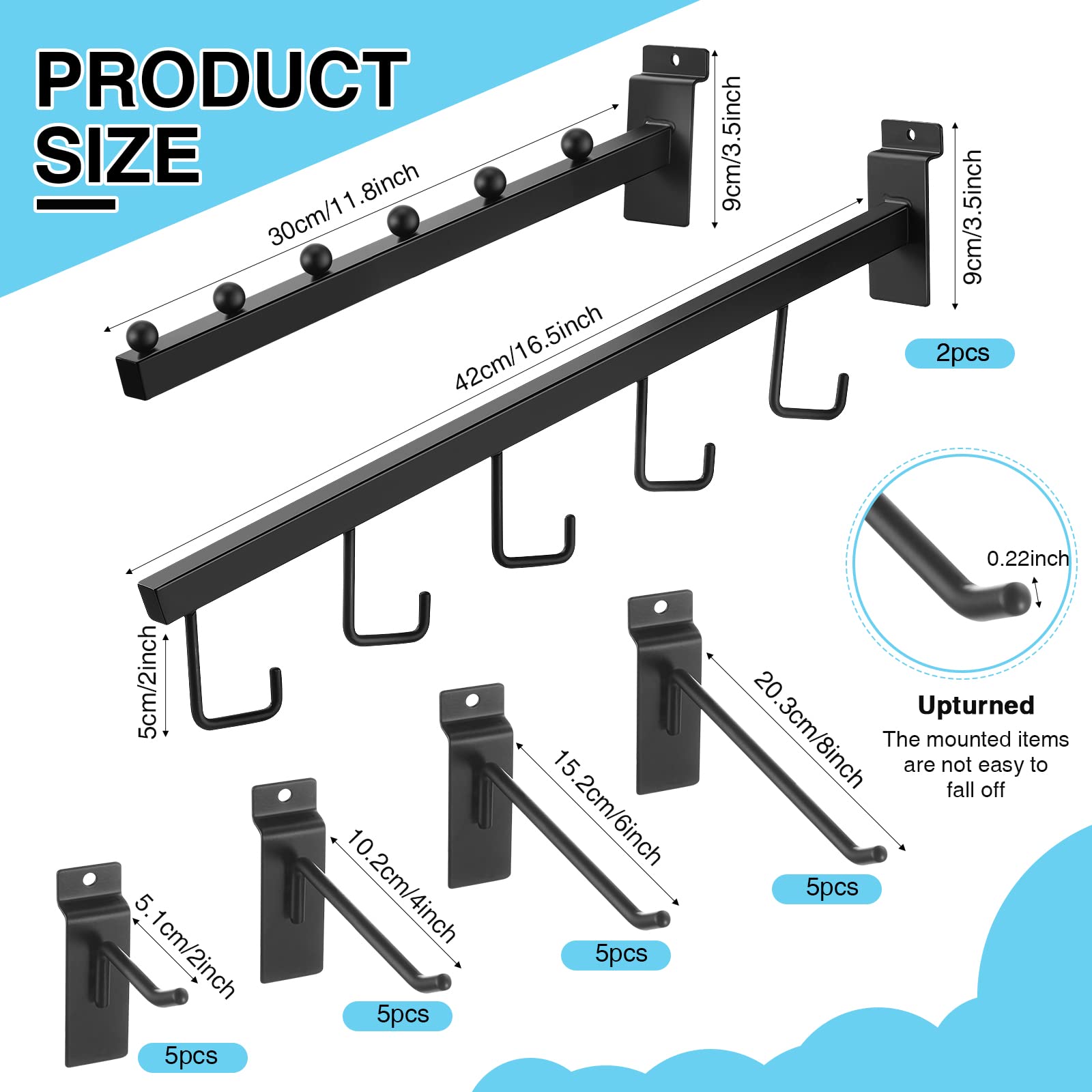24-Piece Slatwall Accessories Kit - 2 Waterfall Hangers, 2 Six-Ball Hooks & 20 Heavy-Duty Hooks for Retail Store Displays & Wall Organization (Black) - Perfect for Clothing Stores, Boutiques & Home Organization