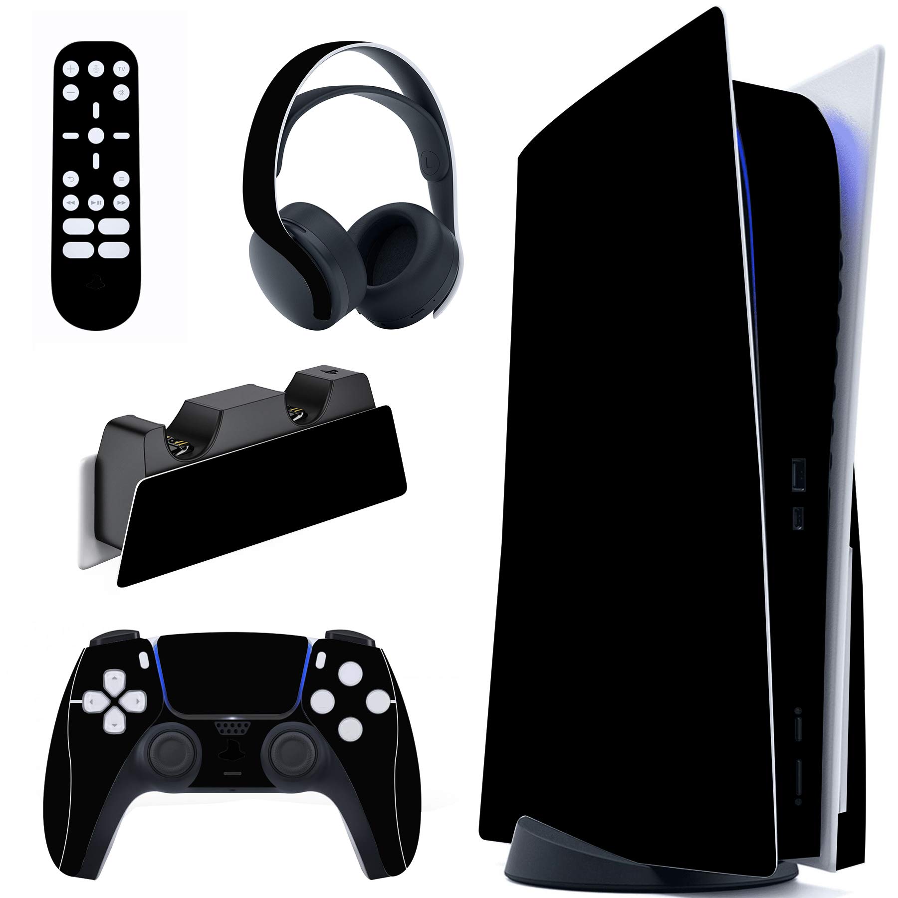 PlayVital Black Full Skin Decal Set for PS5 Console Disc Edition - Vinyl Sticker Cover for PS5 Controller, Charging Station, Headset & Media Remote - Perfect for Gaming Setup, Customization & Protection