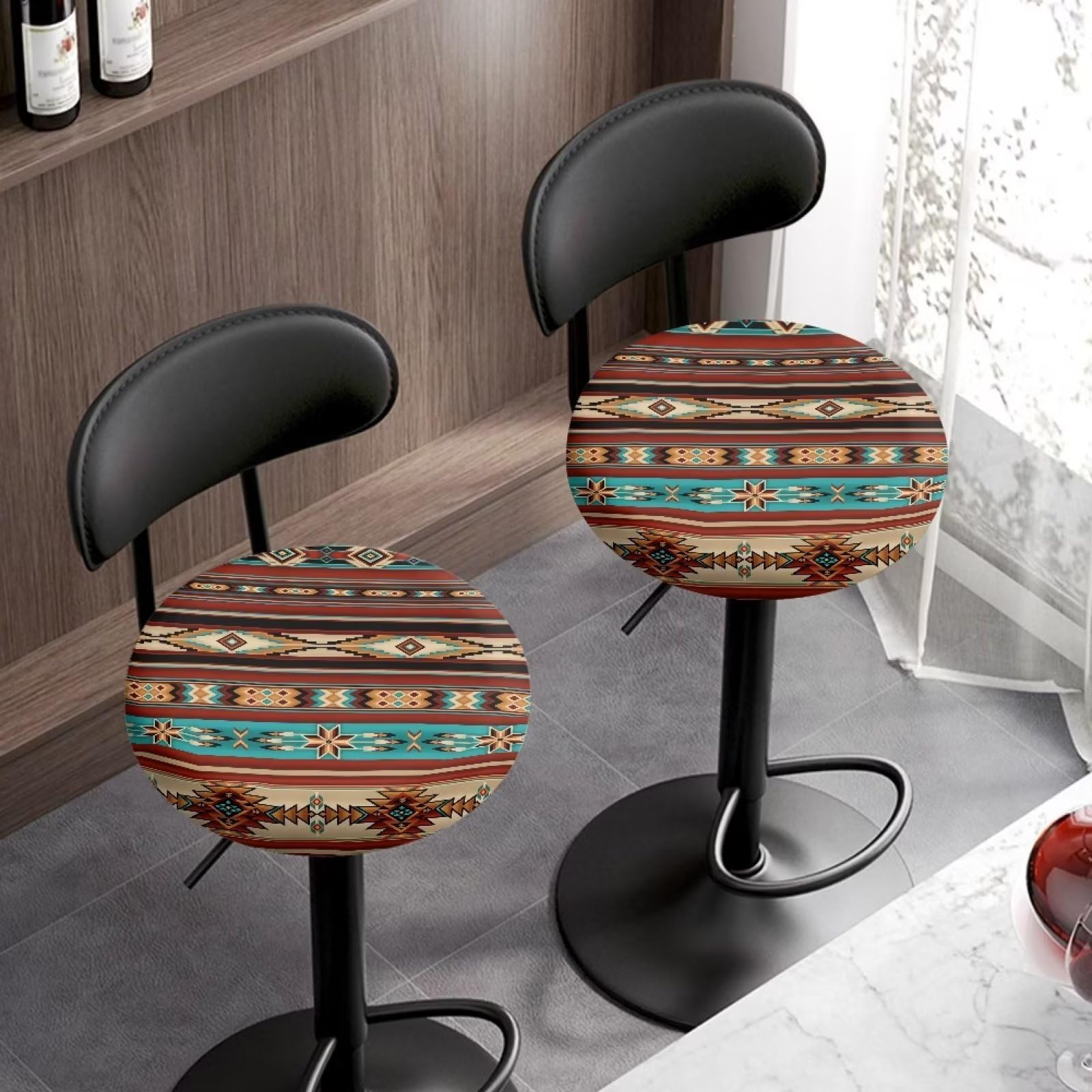 Aztec Tribal Elastic Round Bar Stool Covers - Durable Stretchy Circle Chair Dust Protectors - Easy to Install & Clean - Perfect for Kitchen, Pub & Home Decor