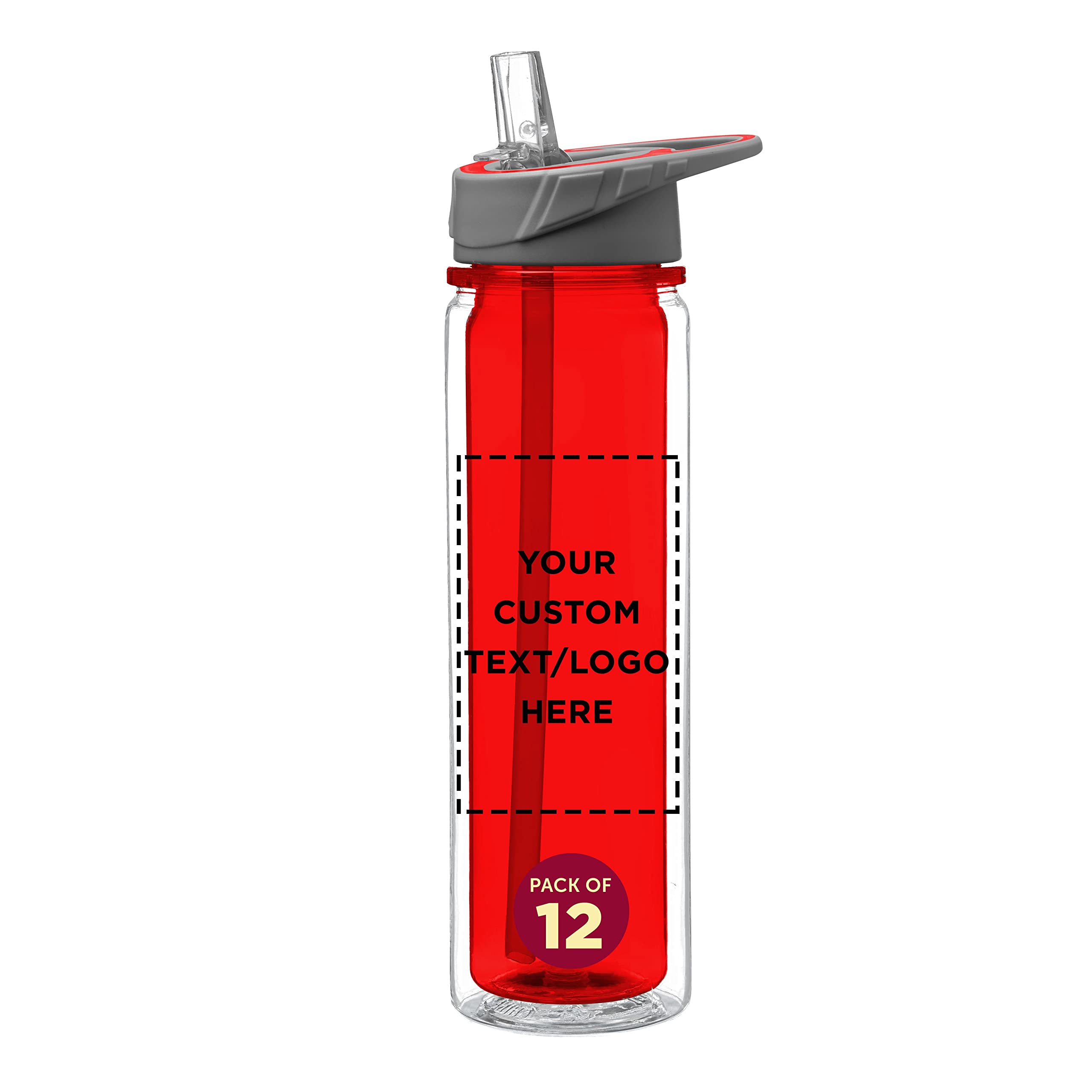 Custom Tritan Sports Water Bottles with Straw 19oz (12 Pack) - BPA Free, Leak Proof, Personalized Bulk Order - Ideal for Gym, Hiking, Cycling, Camping, Backpacking & School - Perfect for Team Sports, Corporate Gifts & Outdoor Adventures - Red