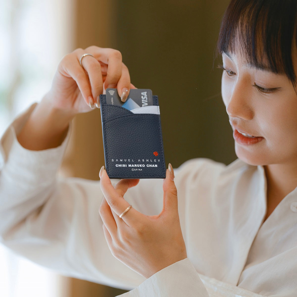 Samuel Ashley x Chibi Maruko Chan Genuine Leather Wallet Card Holder - Slim RFID Blocking Minimalist Design for Everyday Carry, Travel & Gift Giving