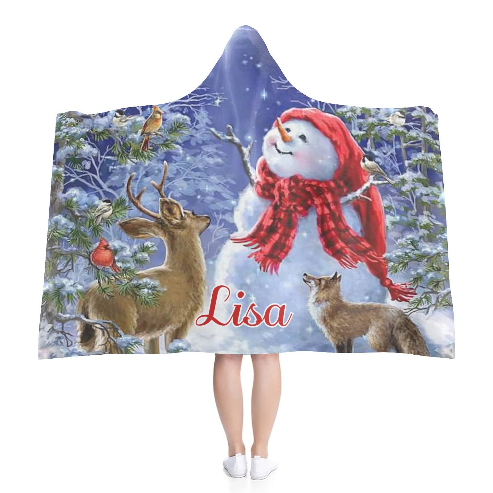 Personalized Hoodie Blanket with Golden Snowflakes - Custom Name Wearable Throw Blanket for Kids & Adults - Cozy Cape Wrap Blanket for Christmas Gifts, Movie Nights & Home Decor