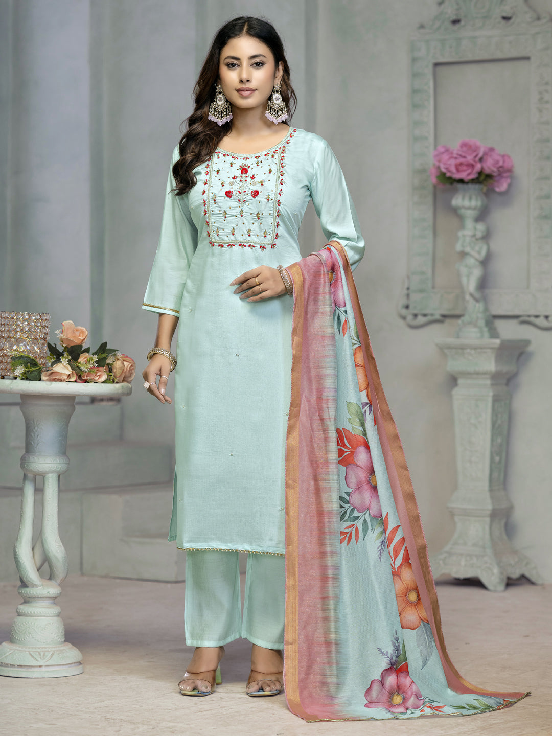 Blue Designer Ready-Made Pant Suit with Printed Embroidery Work - Elegant Women's Formal Wear for Weddings, Parties & Office Events