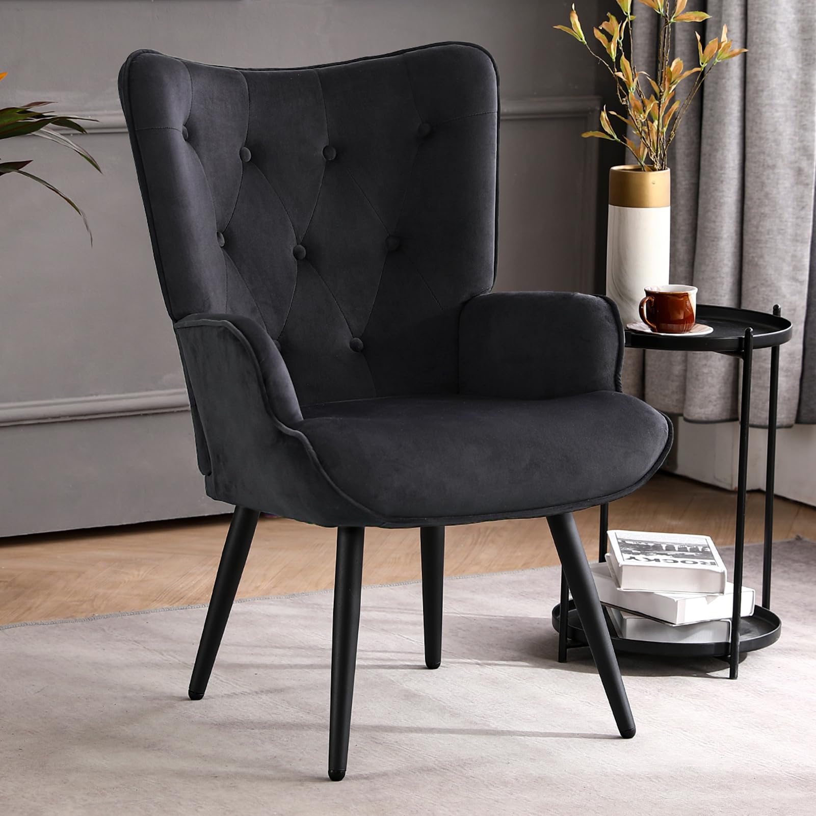 Furniliving Velvet Accent Chair - Modern Upholstered Side Armchair with Tapered Legs & Tufted Button Wingback Design - Tall Back Reading Chair for Living Room, Bedroom, Office Waiting Area - Perfect for Relaxing, Reading & Home Decor - Black