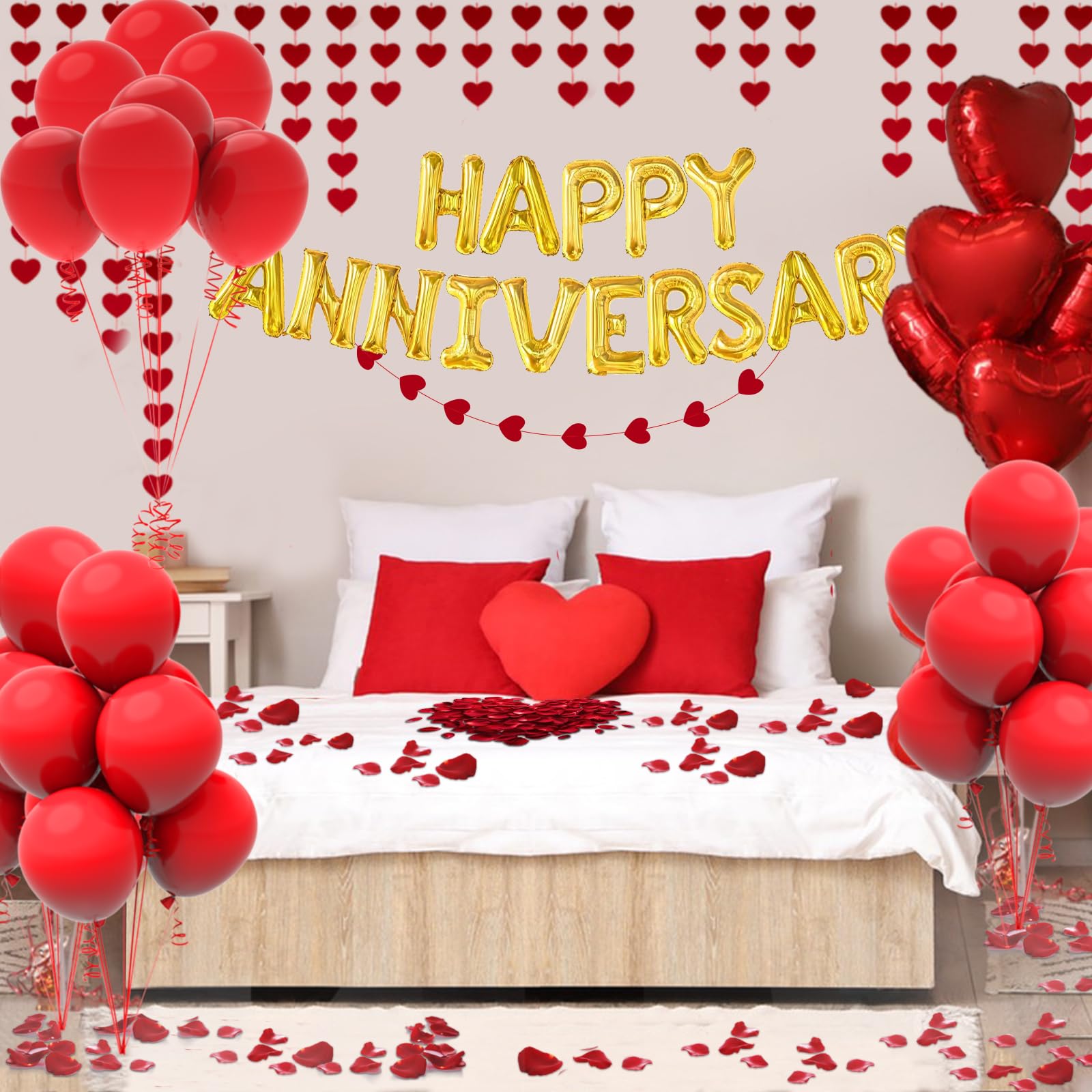 Happy Anniversary Balloons & Red Felt Garland - Romantic Party Decorations for Wedding, Bridal Shower, Anniversary Celebrations - Includes String Hearts, Red Balloons & Silk Rose Petals - Perfect for Indoor/Outdoor Party Decor