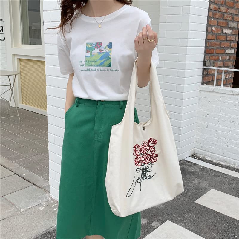 Floral Canvas Tote Bag for Women - Large Capacity Botanical Shopping Bag with Aesthetic Flower Design - Perfect for Groceries, Beach, Work & Daily Use