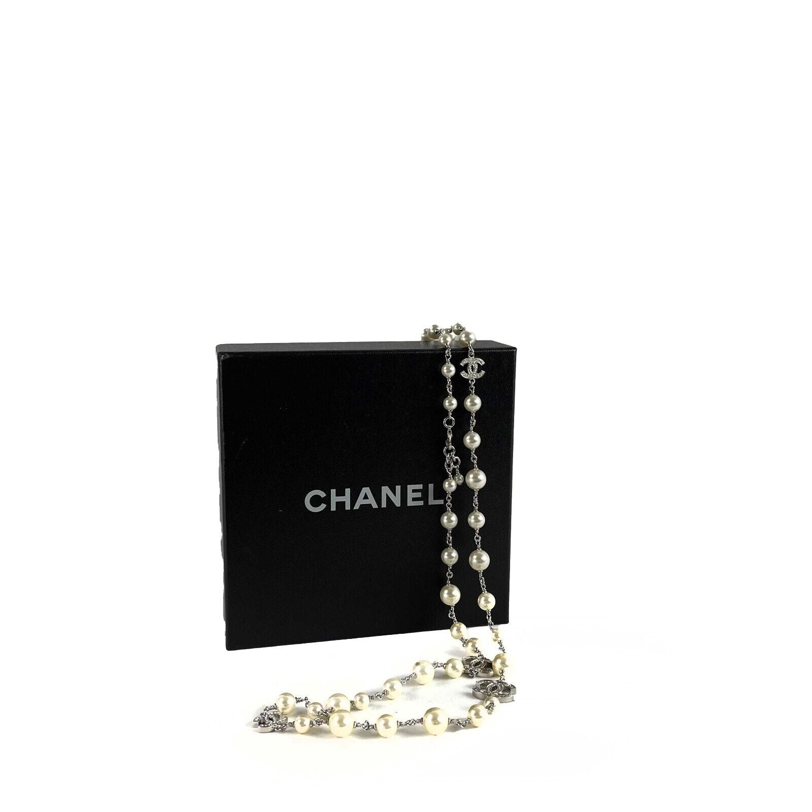 Chanel 10A CC Charm Faux Pearl Crystal Long Silver Necklace for Women - Elegant Layered Necklace Jewelry Gift for Birthday, Anniversary & Special Occasions
