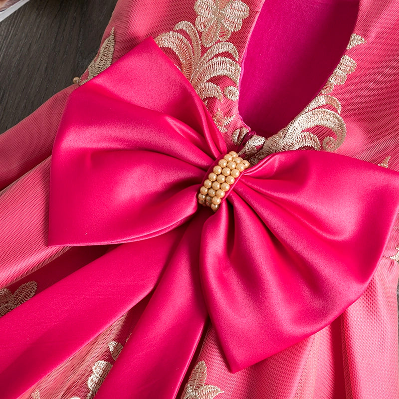 Red Princess Boat Neck Tea Length Satin Flower Girl Dress for Weddings, Parties & Special Occasions - Elegant Formal Attire for Kids