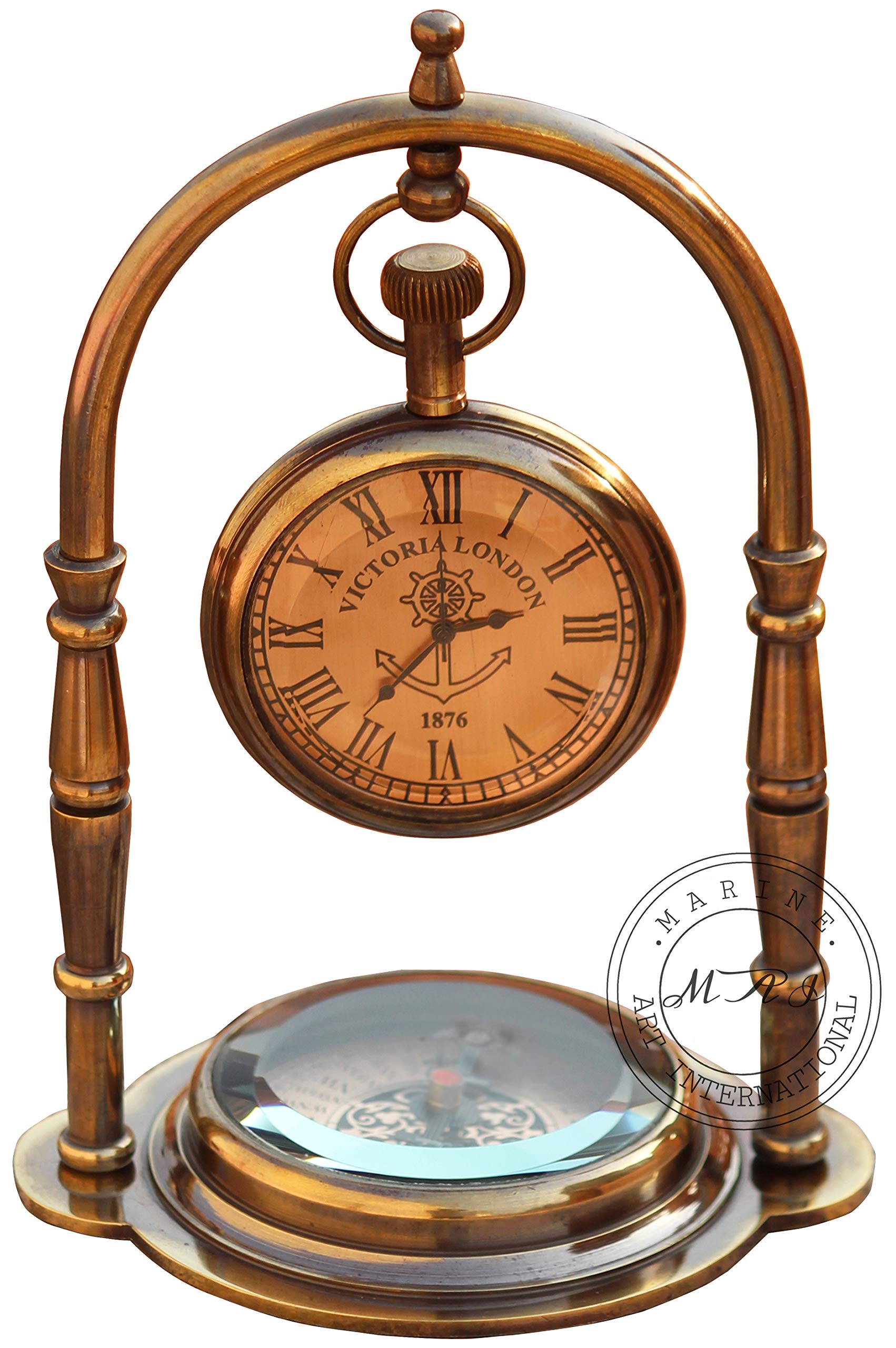 **Vintage Nautical Brass Table Clock with Compass - Antique Ship Desk Clock & Maritime Decor - Perfect for Home, Office, or Shelf Display by MAI**
