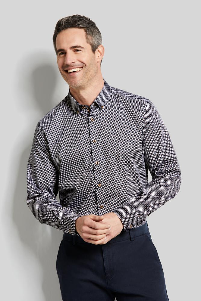 BUGATTI Men's Printed Long Sleeve Casual Shirt - Charcoal Grey - Stylish Button Down Shirt for Business, Office & Outdoor Wear
