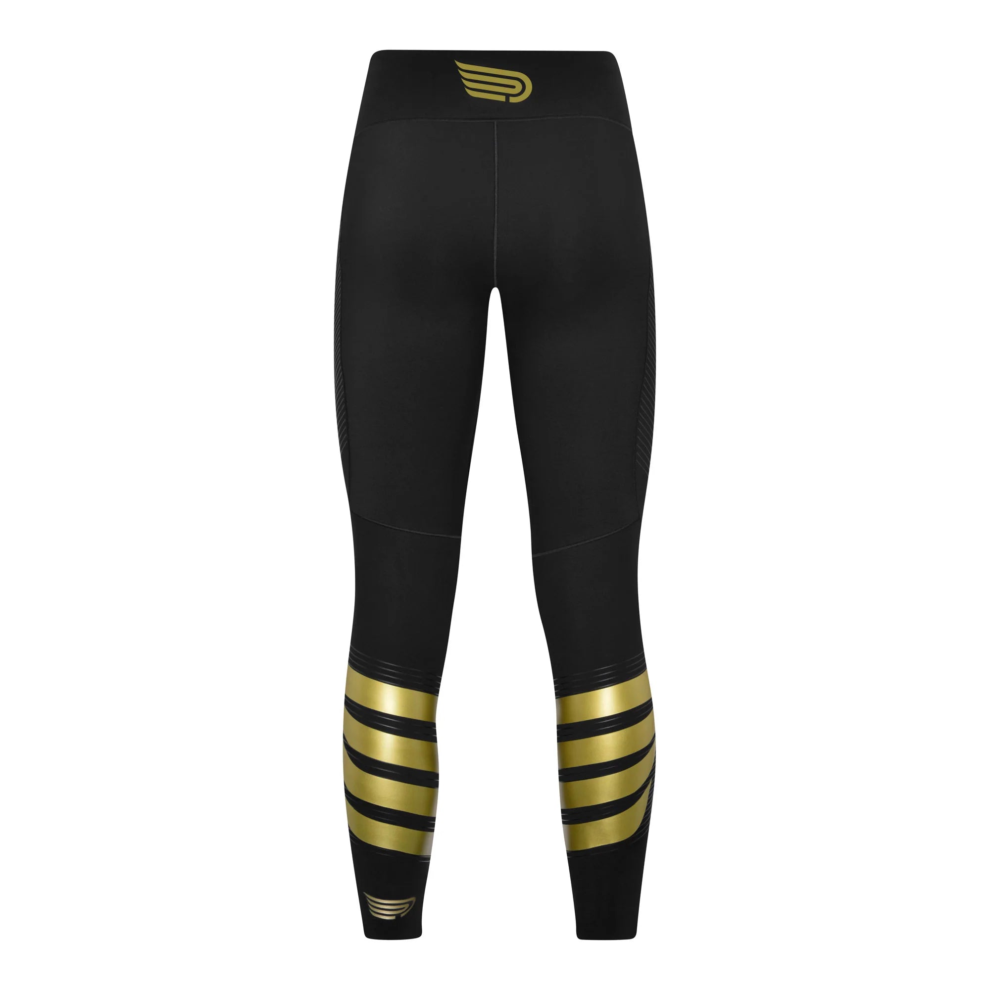 Pressio Women's Power Tight Mid Rise Workout Leggings - Black/Gold - High Waisted Yoga Pants for Running, Gym & Fitness Training