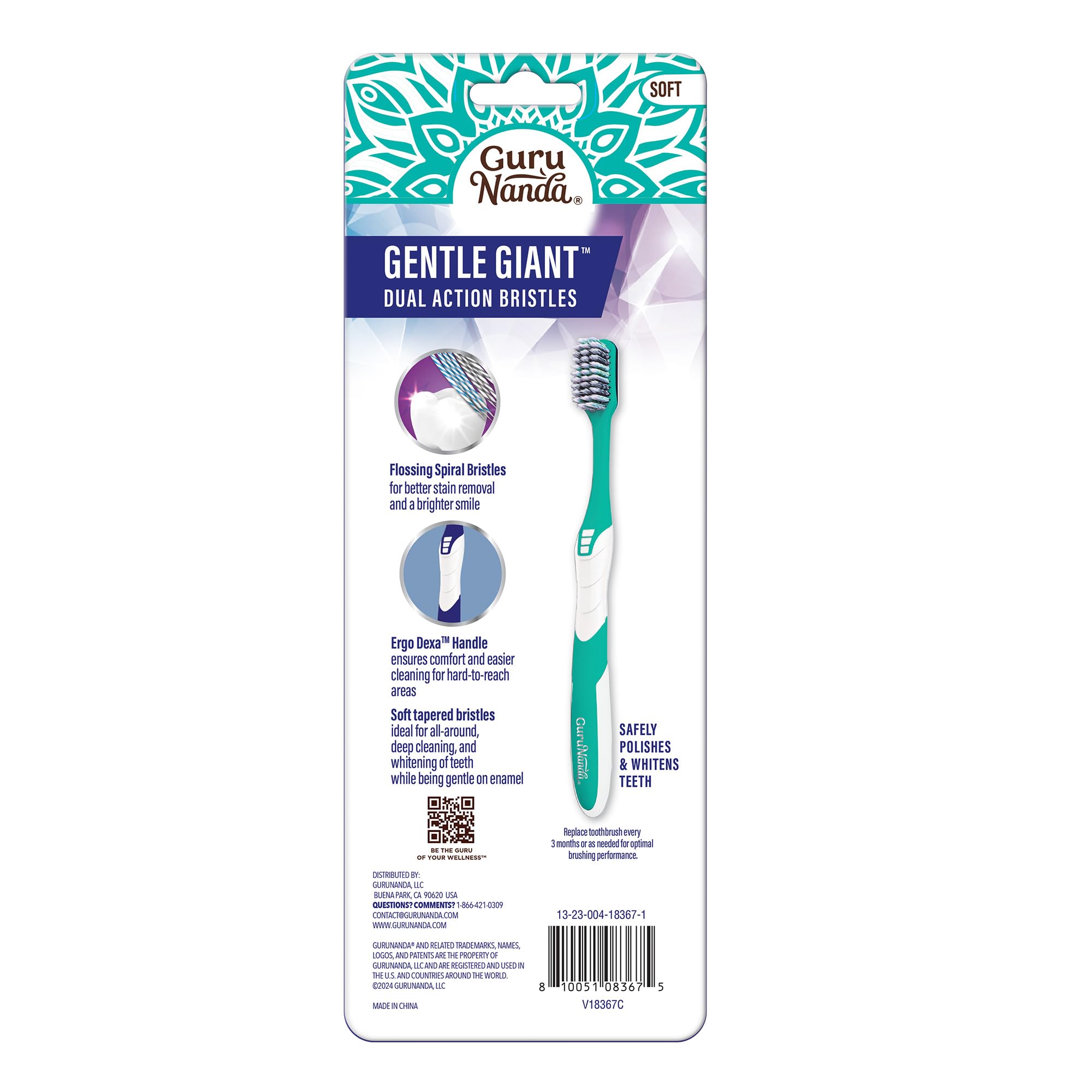 GuruNanda Gentle Giant Toothbrush with Dual Action Flossing Spiral Bristles - Ergonomic Non-Slip Grip for Effective Teeth Whitening - BPA Free (4 Pack) - Perfect for Travel, Home & Office Use