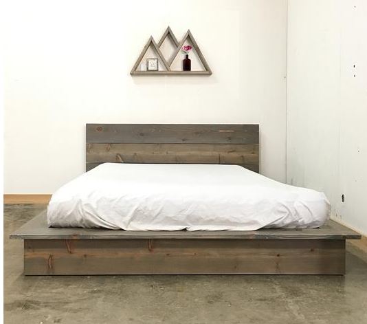 Rustic Modern Low Profile Platform Bed Frame with Headboard - Loft Style Design for Small Spaces & Minimalist Bedrooms