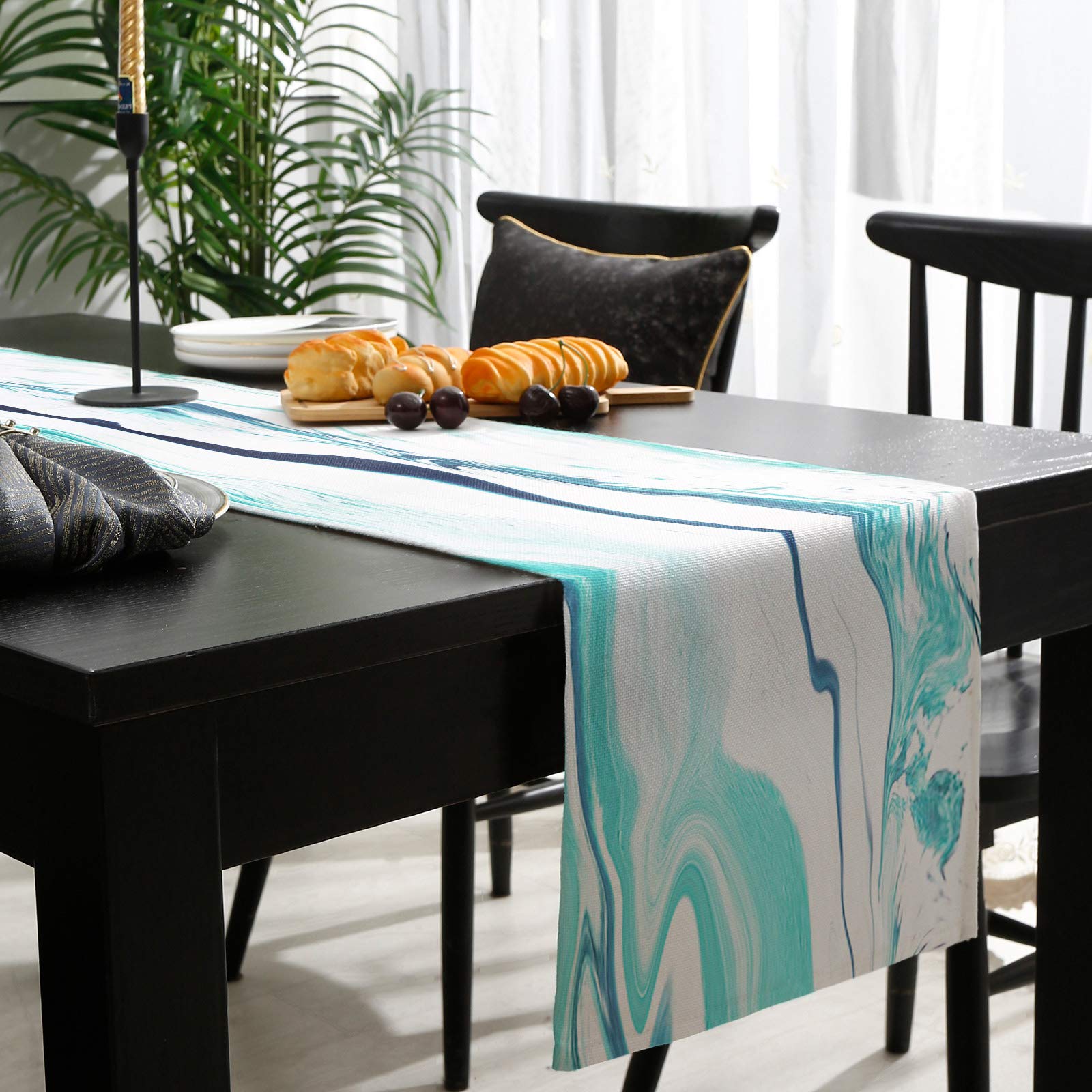 90 Inch Burlap Linen Table Runner - Water Ripple Blur Design, Teal Turquoise Farmhouse Decor for Kitchen, Dining Table, Dresser | Perfect for Wedding, Banquet, Coffee Table & Party Decorations
