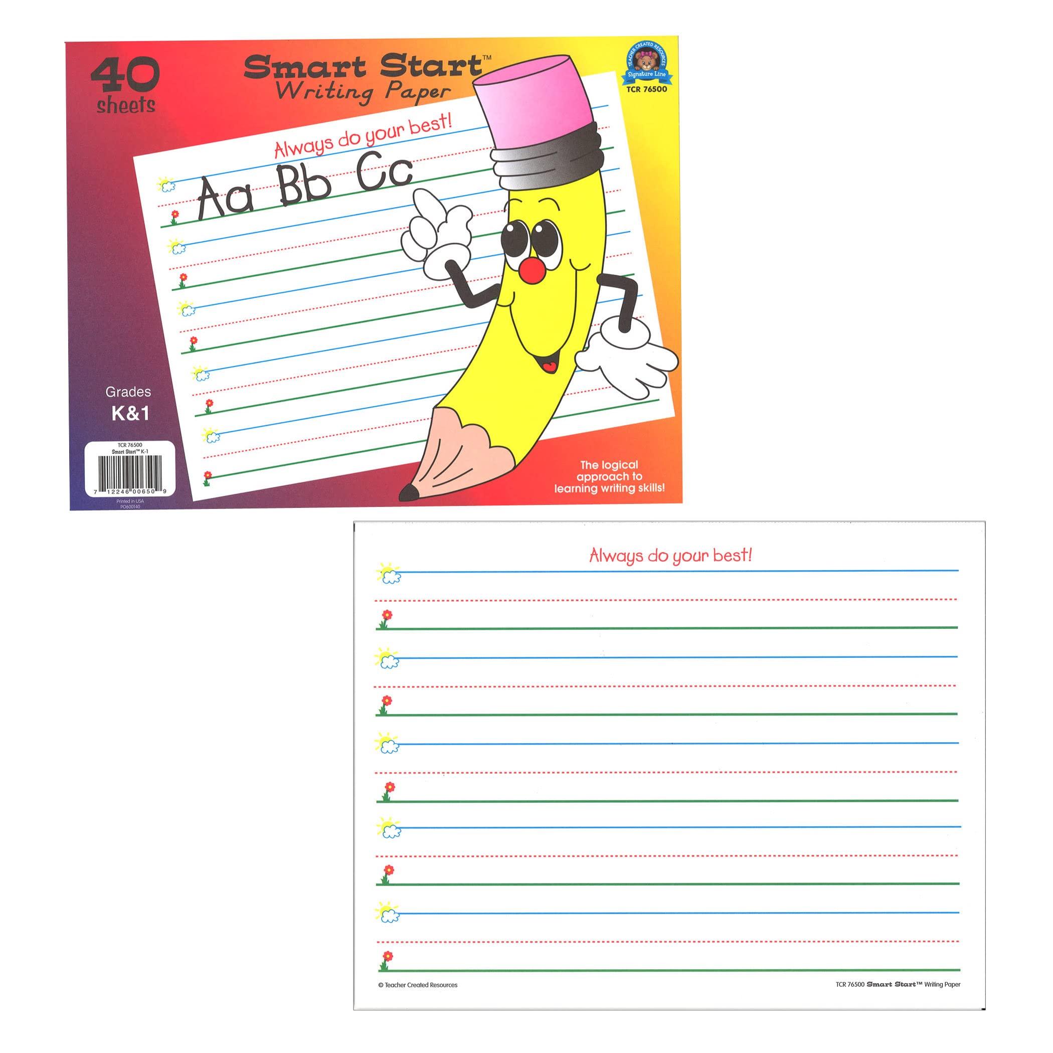 Teacher Created Resources Smart Start K-1 Writing Paper Tablet - 40 Sheets for Kindergarten & 1st Grade - Perfect for Handwriting Practice, Letter Formation & Early Writing Skills
