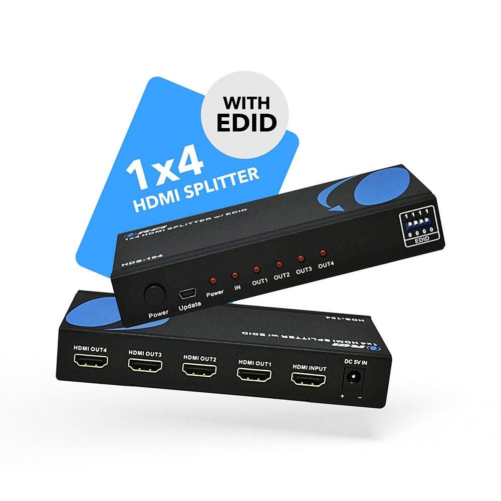 1x4 HDMI Splitter with Power Adapter - 1 Input 4 Output, EDID Support (HDS 104) for Home Theater, Gaming & Multi-Screen Presentations