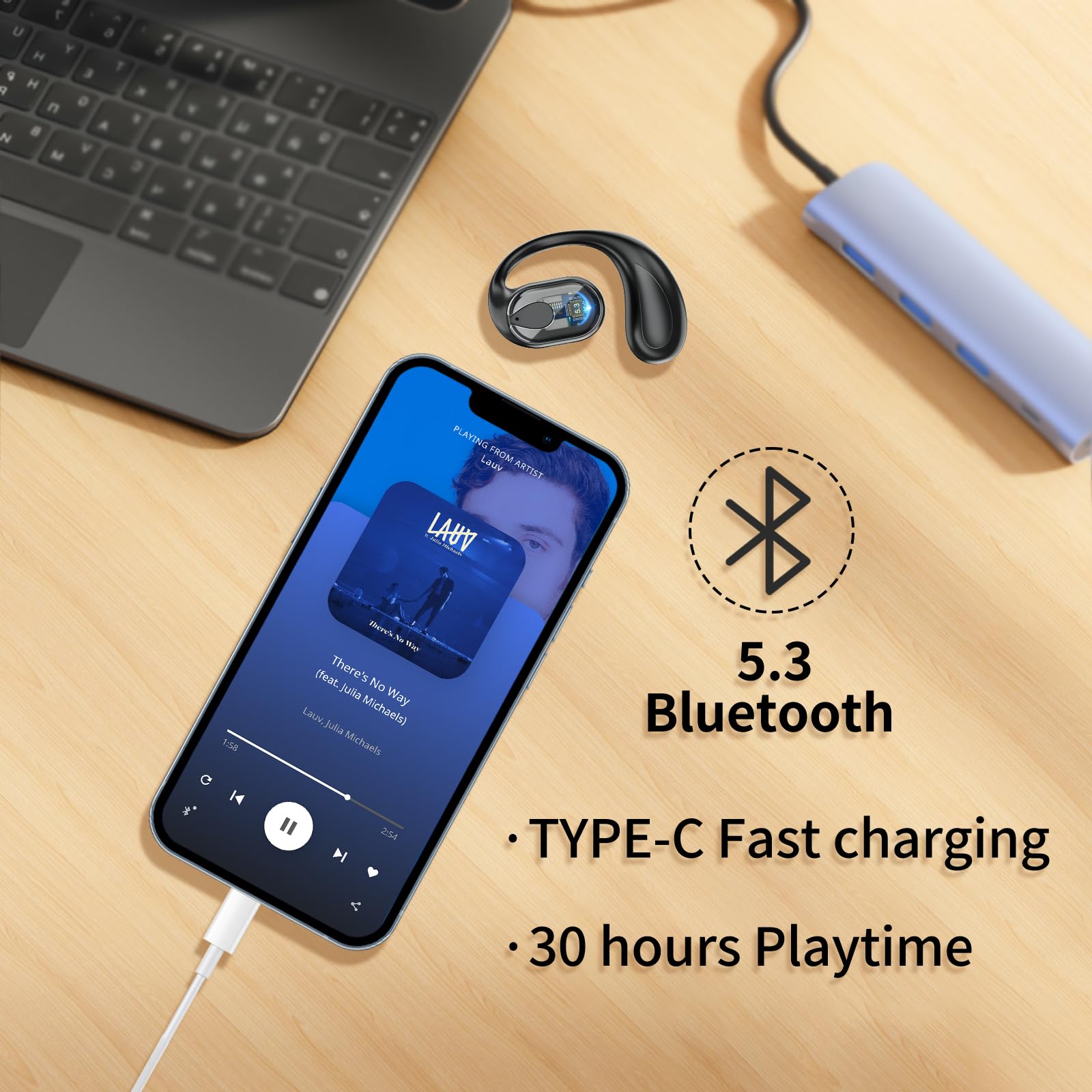 Open-Ear Wireless Headphones - Single Left Ear Bluetooth Headset with 30H Playtime, Comfortable Sports Earbuds for Running, Driving, Work & Cycling - Compatible with iPhone & Android - Perfect for Outdoor Activities, Commuting & Office Use