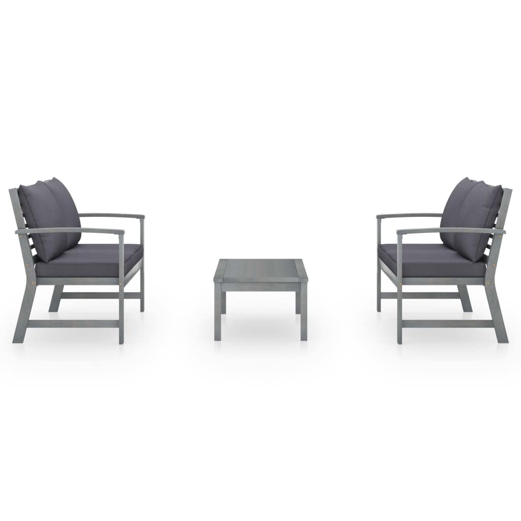 vidaXL 3-Piece Patio Lounge Set with Table & Chairs - Acacia Wood Outdoor Furniture for Balcony, Garden, Yard - Modern Gray Bench with Cushions | Perfect for Backyard Relaxation, Poolside Lounging & Outdoor Entertaining
