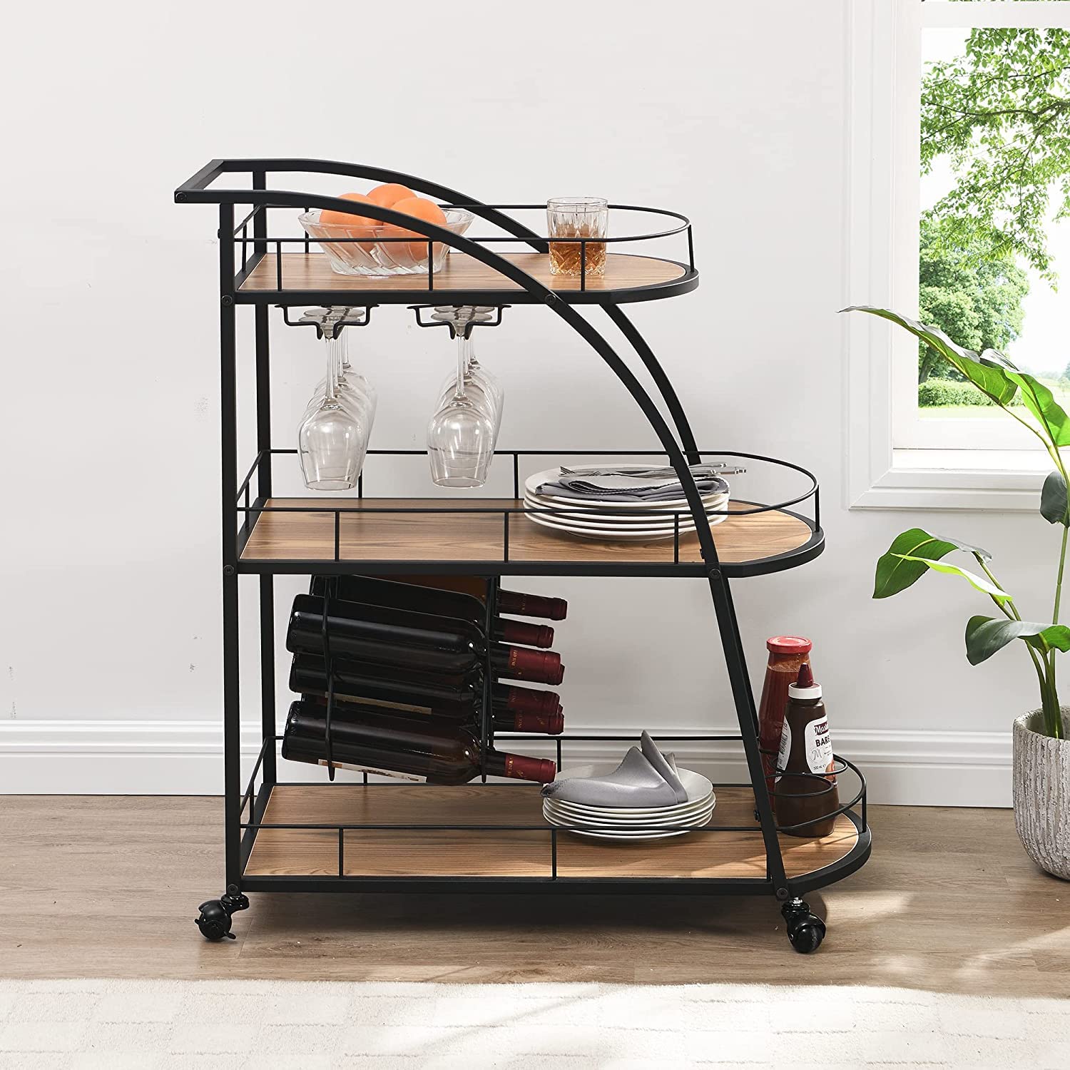 Black Industrial Mobile Bar Cart with Wheels - 3-Tier Metal Wine Rack for Kitchen, Party, Dining & Living Room - Perfect for Serving Wine, Cocktails & Beverages at Home Gatherings & Outdoor Events