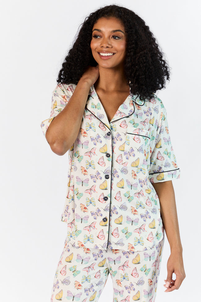 Good To Get Away Butterfly Print Short Sleeve Pajama Top for Women - Soft Sleepwear & Lounge Wear - Perfect for Bedtime, Relaxing at Home or Vacation