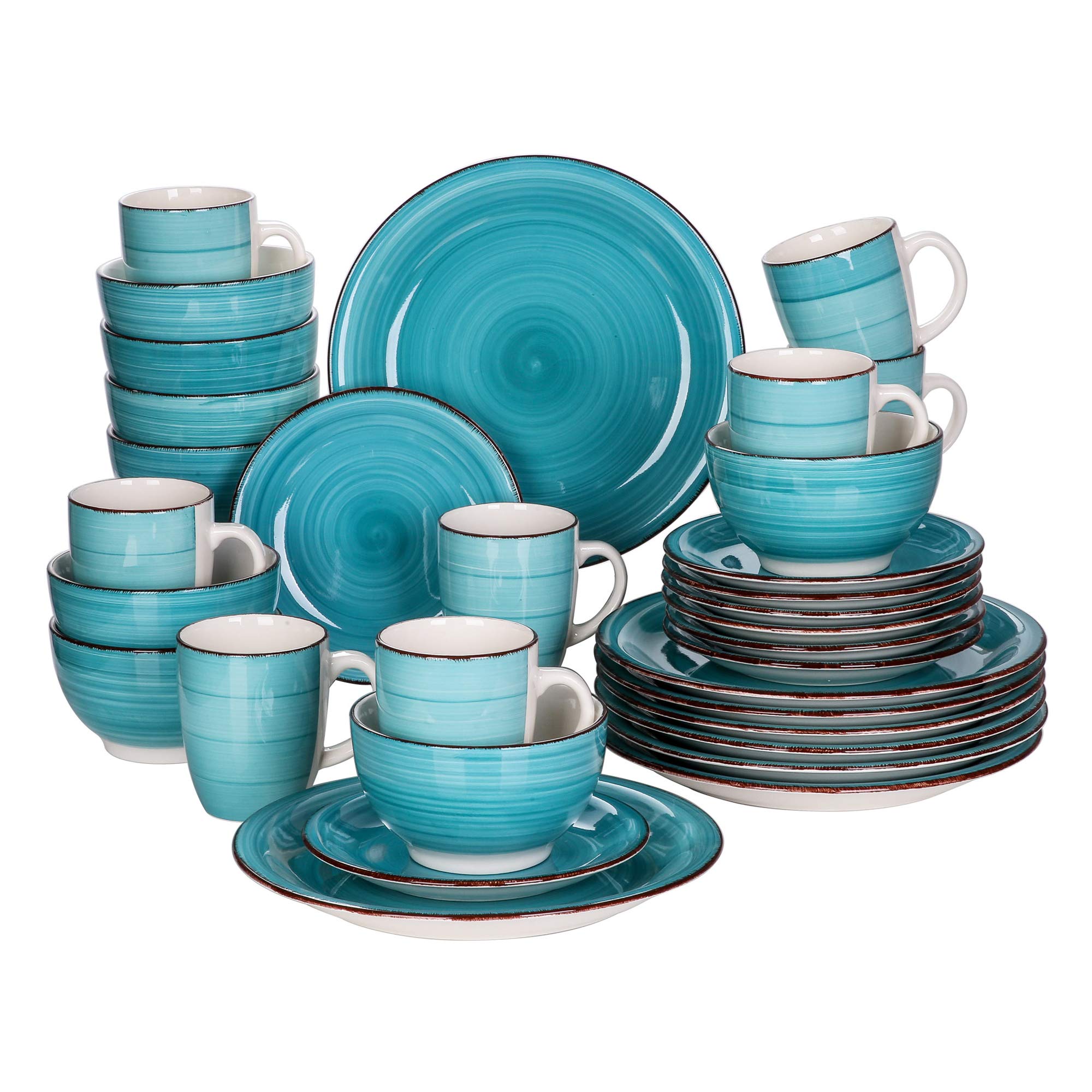 Vancasso 32-Piece Stoneware Dinnerware Set for 8, Includes Dinner Plates, Salad Plates, Bowls & Mugs - Microwave & Dishwasher Safe - Teal - Perfect for Family Dinners, Entertaining Guests & Everyday Use
