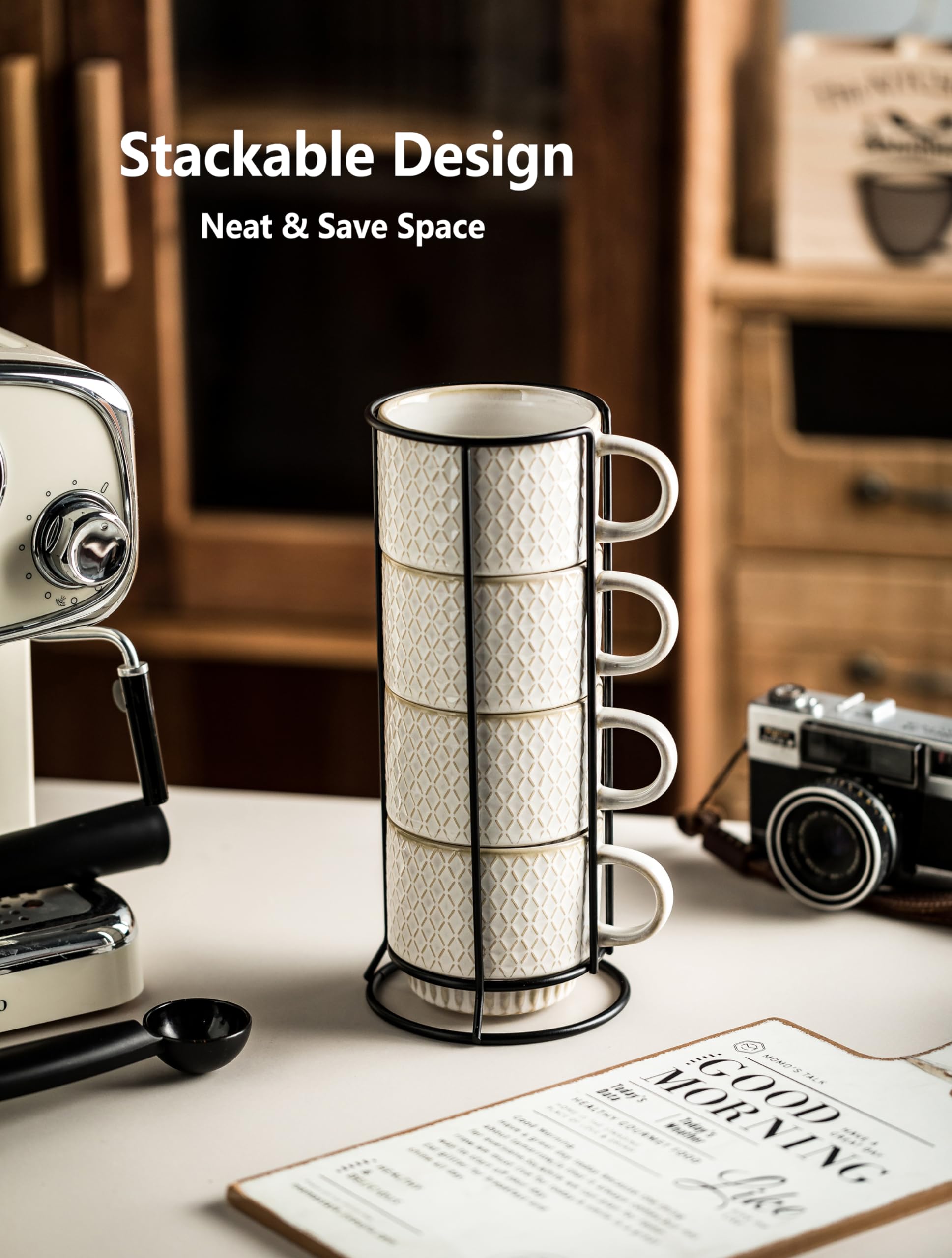 Gomakren 13oz Stackable Ceramic Coffee Mugs Set of 4 with Stand & Spoon - Perfect for Espresso, Latte, Cappuccino, Tea, Hot Chocolate & Milk - Ideal for Home, Office & Cafe Use - Creamy White