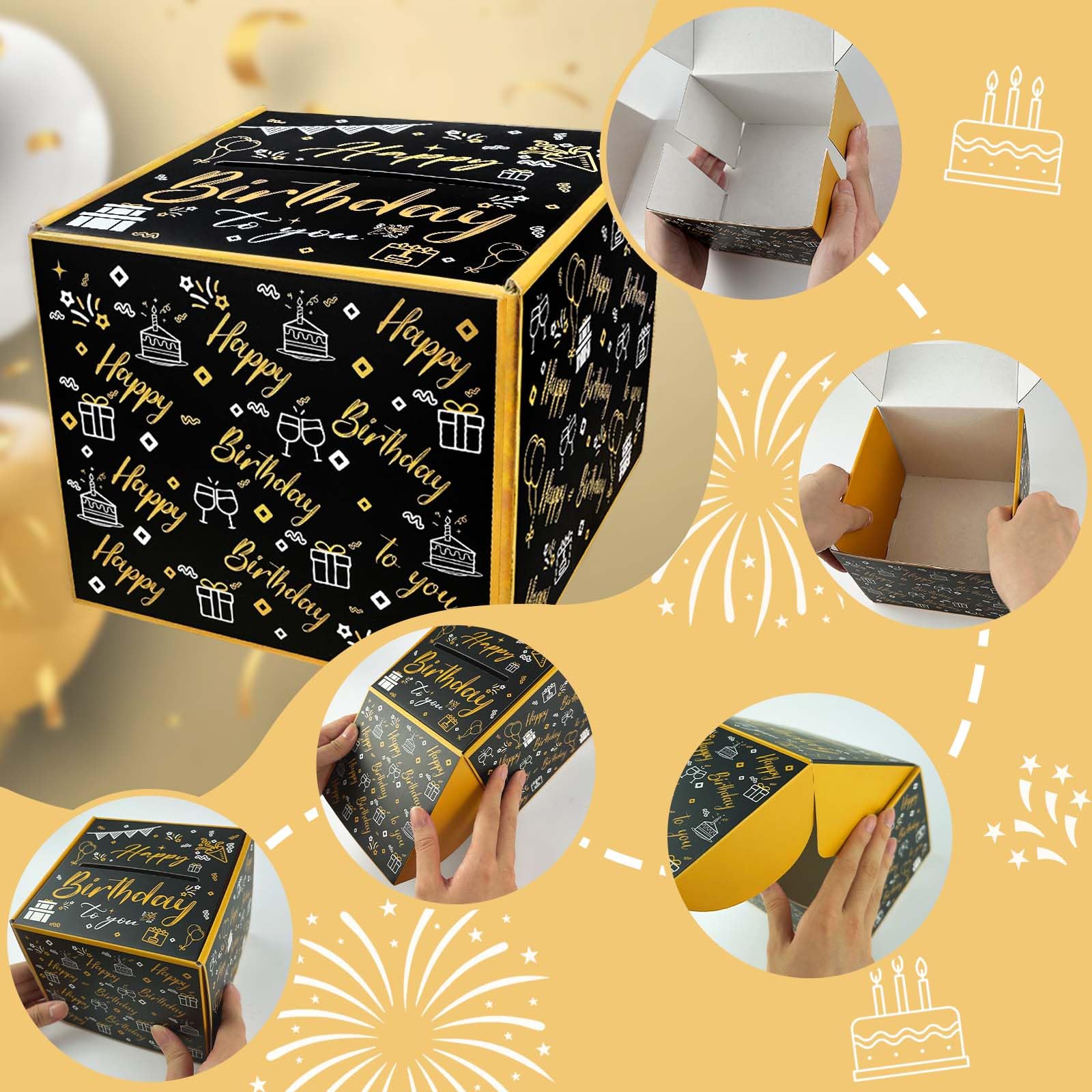 Happy Birthday Money Gift Box with Pull Out Card & Cash Holder - Black & Gold DIY Surprise Present Box for Parties, Graduation, Anniversary & Special Occasions