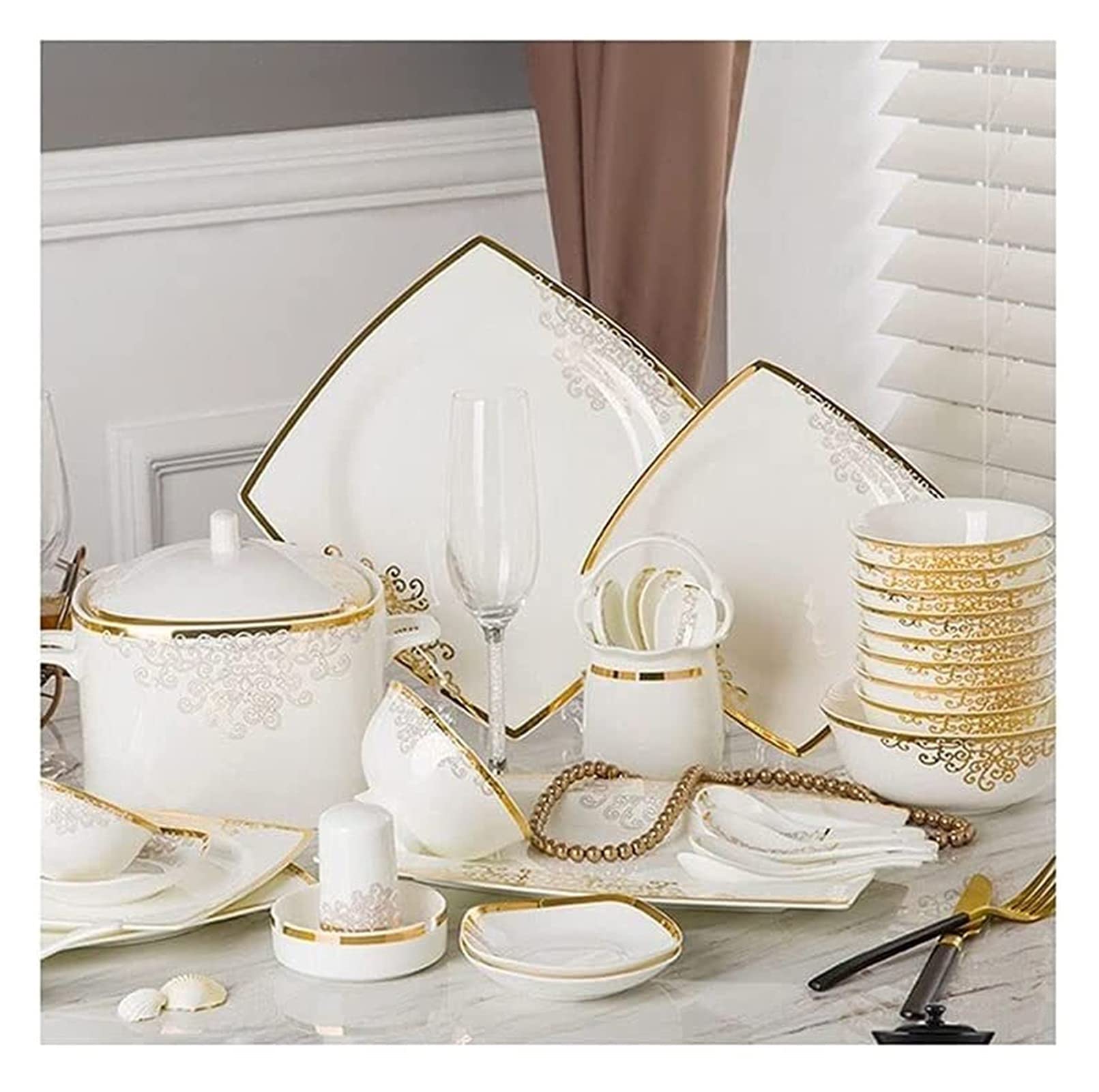 Luxury Bone China Dinnerware Set for 10-15 People - 58-Piece Fine Porcelain Phnom Penh Tableware Set for Elegant Dining & Entertaining | Perfect for Weddings, Dinner Parties & Upscale Restaurants