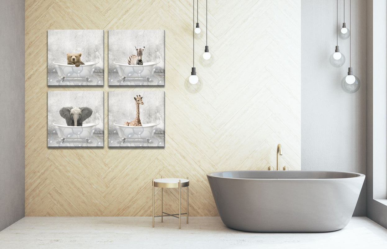 Bathtime Friends Wall Art - Light Brown & White 18x18 Inches - Perfect for Bathroom, Nursery & Kids Room Decor