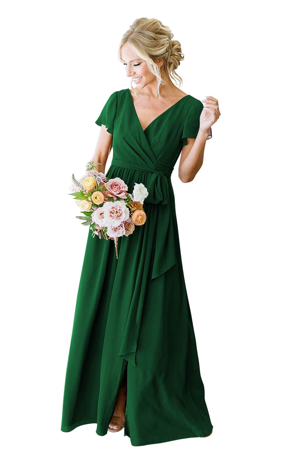 YMSHA Women's Short Sleeve V-Neck Chiffon Bridesmaid Dress with High Slit - Elegant Formal Evening Gown for Weddings, Parties & Special Occasions