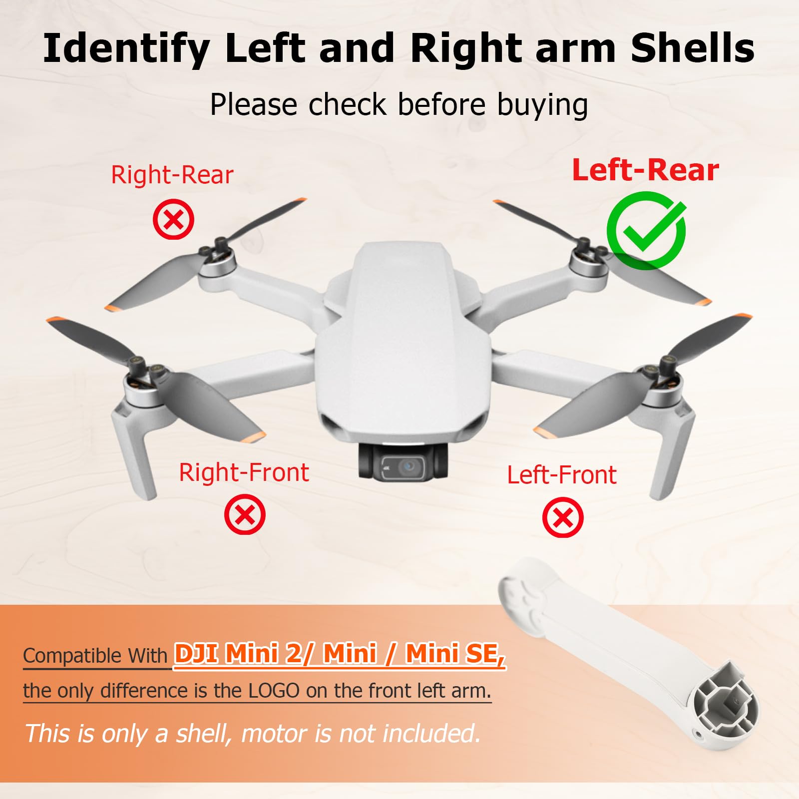 DJI Mini 2/Mini/Mini SE Replacement Arm Cover - Motorless Front Right Repair Part for Drone Accessories | Perfect for DIY Fixes & Crash Damage Protection