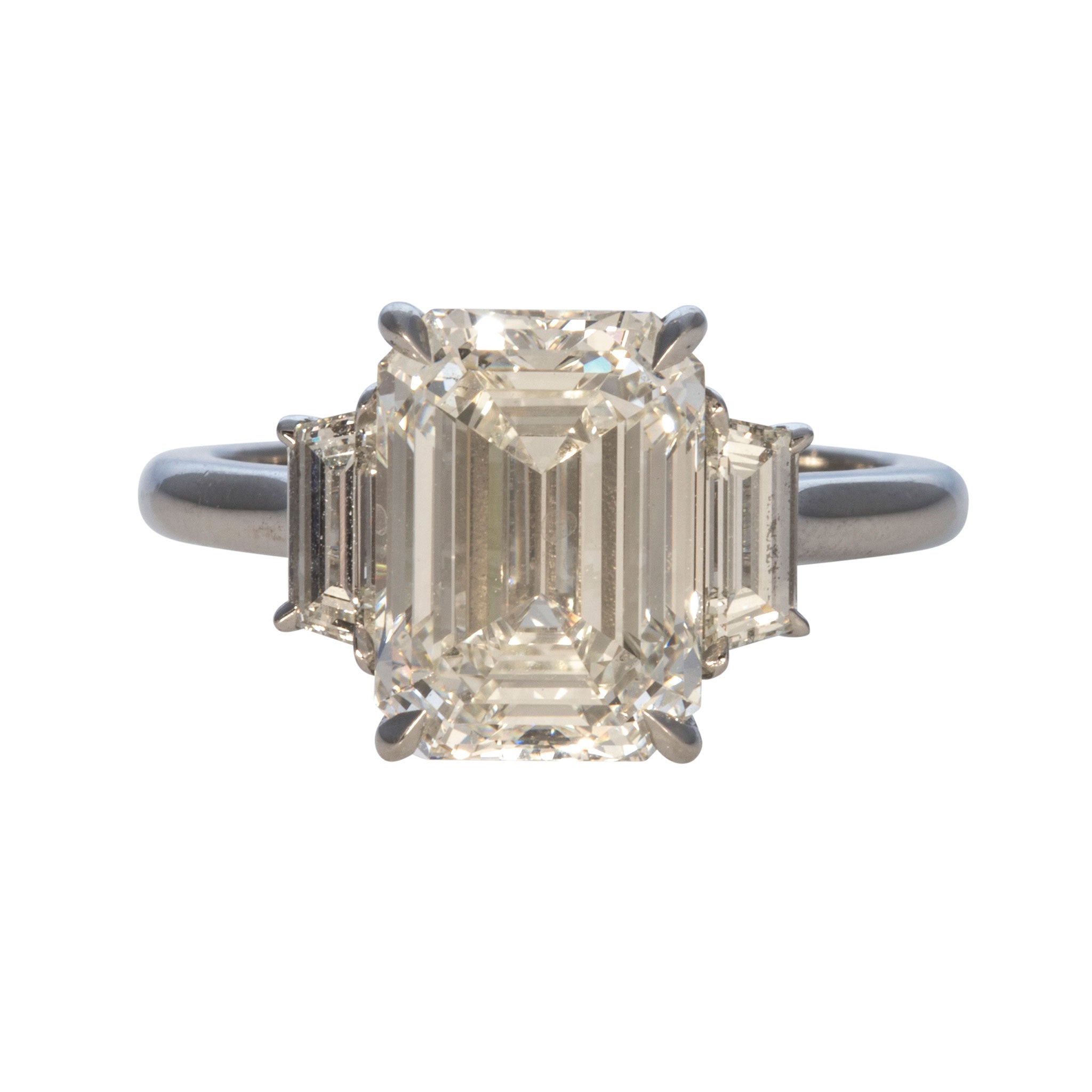 4ct Emerald Cut & 0.51ct Trapezoid Side Diamond Three Stone Platinum Engagement Ring - Perfect for Wedding, Proposal, Anniversary & Special Occasions