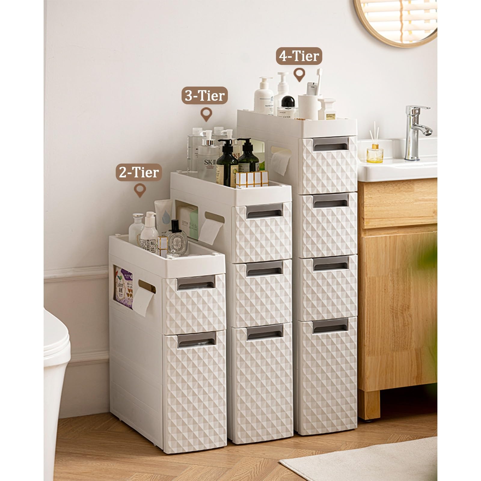 18CM/7.1IN Narrow Plastic Bathroom Storage Cabinet with Drawers & Shelf - Space-Saving Bathroom Organizer with Dual-Sided Tissue Holder - Perfect for Small Bathrooms, Apartments & RVs