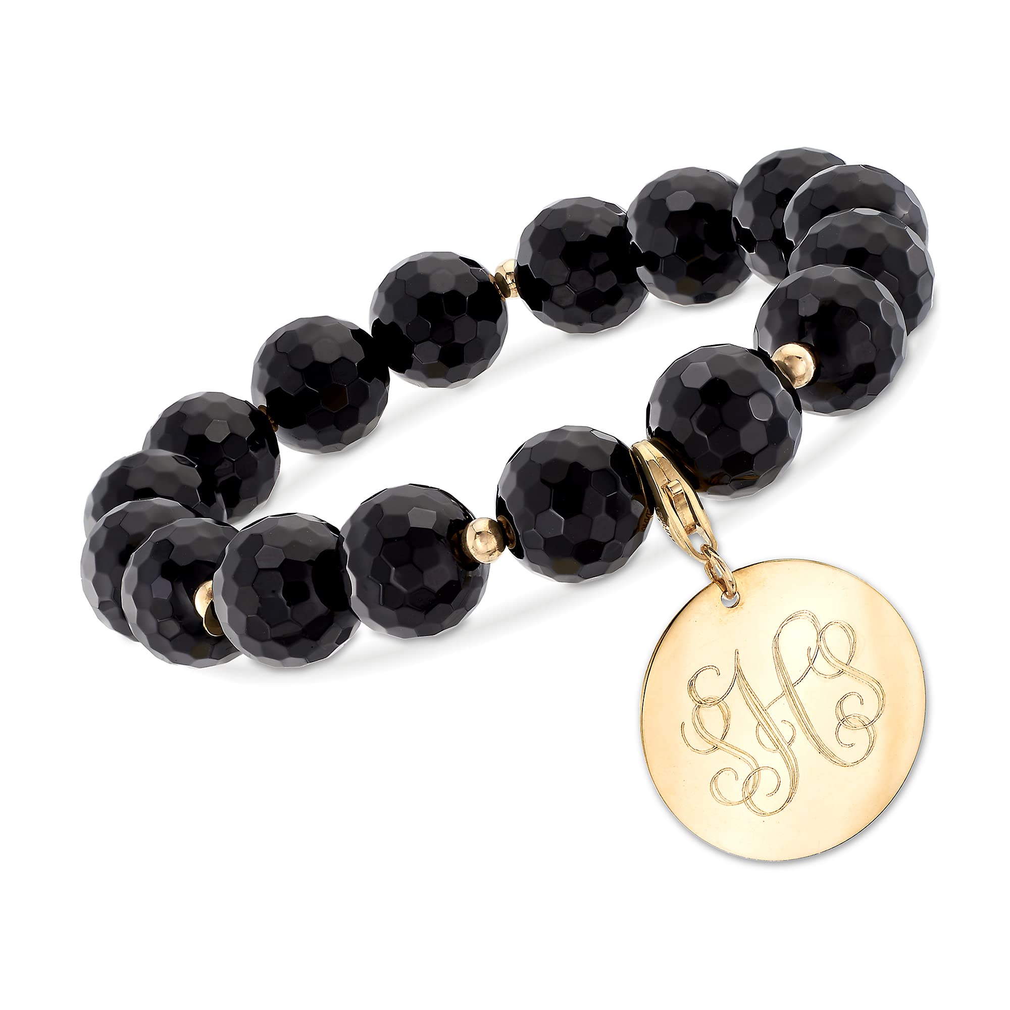Ross-Simons 14K Yellow Gold Black Onyx Beaded Stretch Bracelet with Personalized Engraved Disc - Perfect for Birthdays, Anniversaries & Gifts