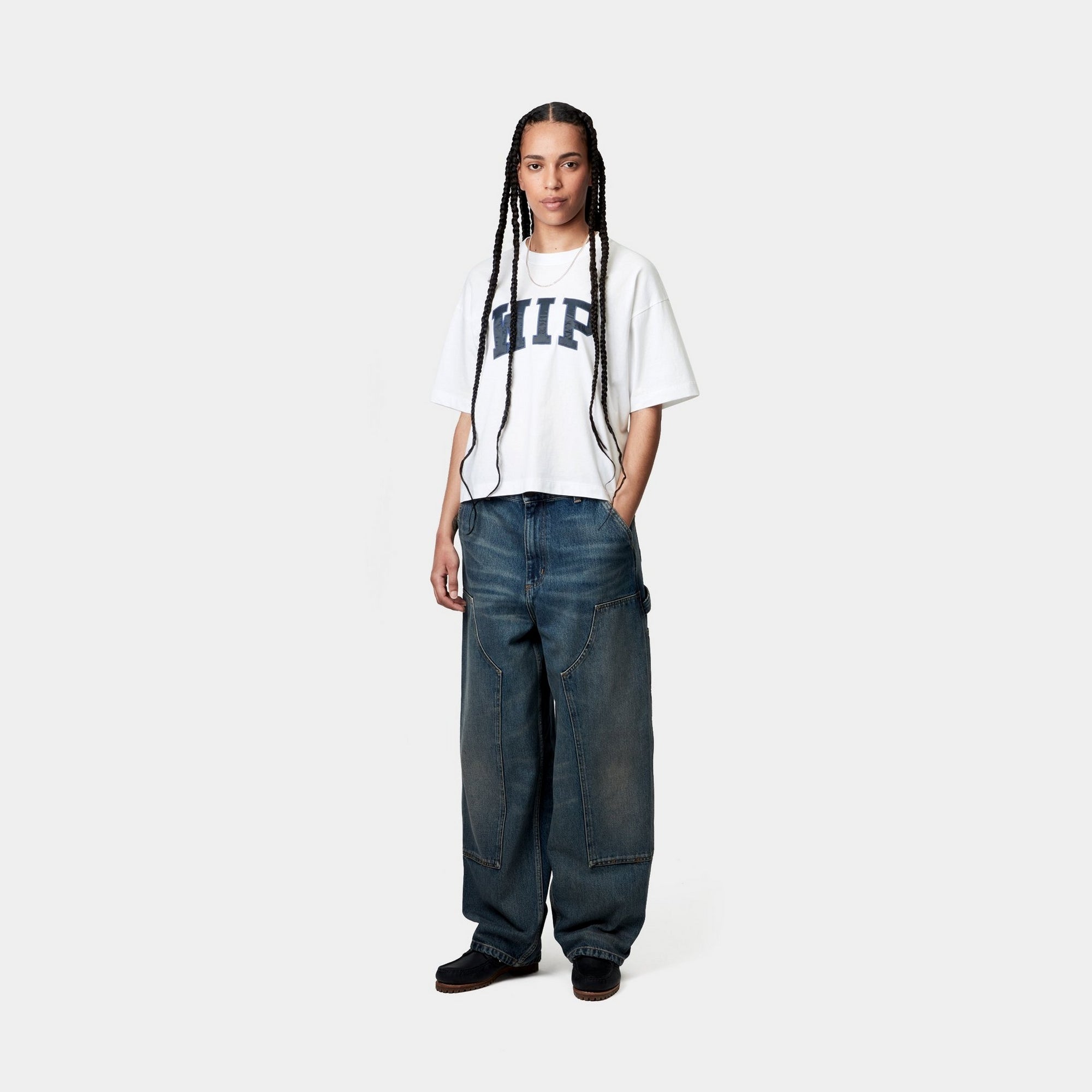 Women's WIP T-Shirt - Soft Cotton Crewneck Tee in White & Dusky Blue | Casual Everyday Wear, Street Style Outfits & Layering Essential