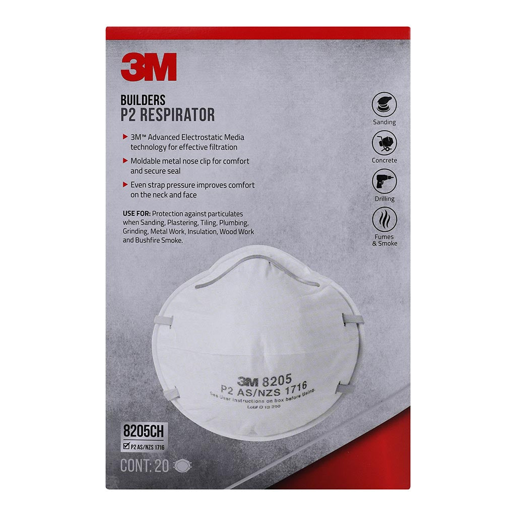 3M Builders P2 Respirator Mask, Pack of 20 (8205CH 20 DC) - Dust Protection for Construction, Woodworking & DIY Projects