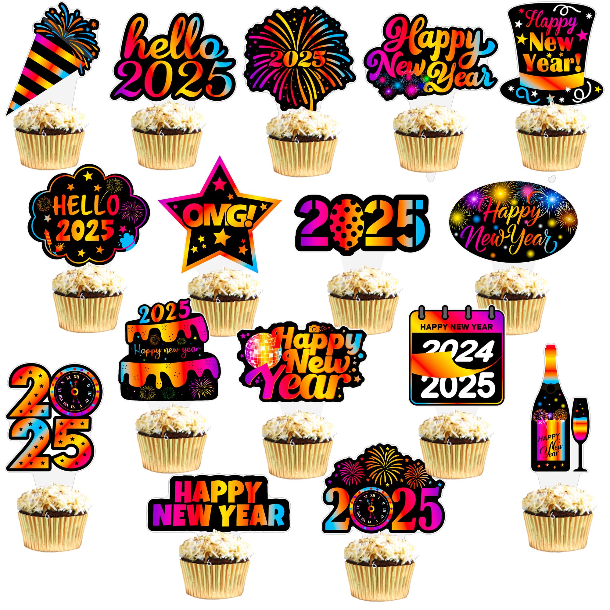 48pcs 2025 Happy New Year Cupcake Toppers - Colorful Cheers to 2025 Cupcake Picks for New Year's Eve Party, Holiday & Birthday Celebrations - Perfect for Welcome 2025 Theme Parties, Office Events & Family Gatherings