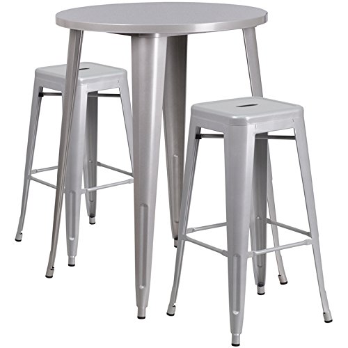 StarSun Depot 30 Inch Round Silver Metal Bar Table Set with 2 Backless Stools - Indoor Outdoor Bistro Dining Set for Patio, Garden, Poolside & Kitchen (30