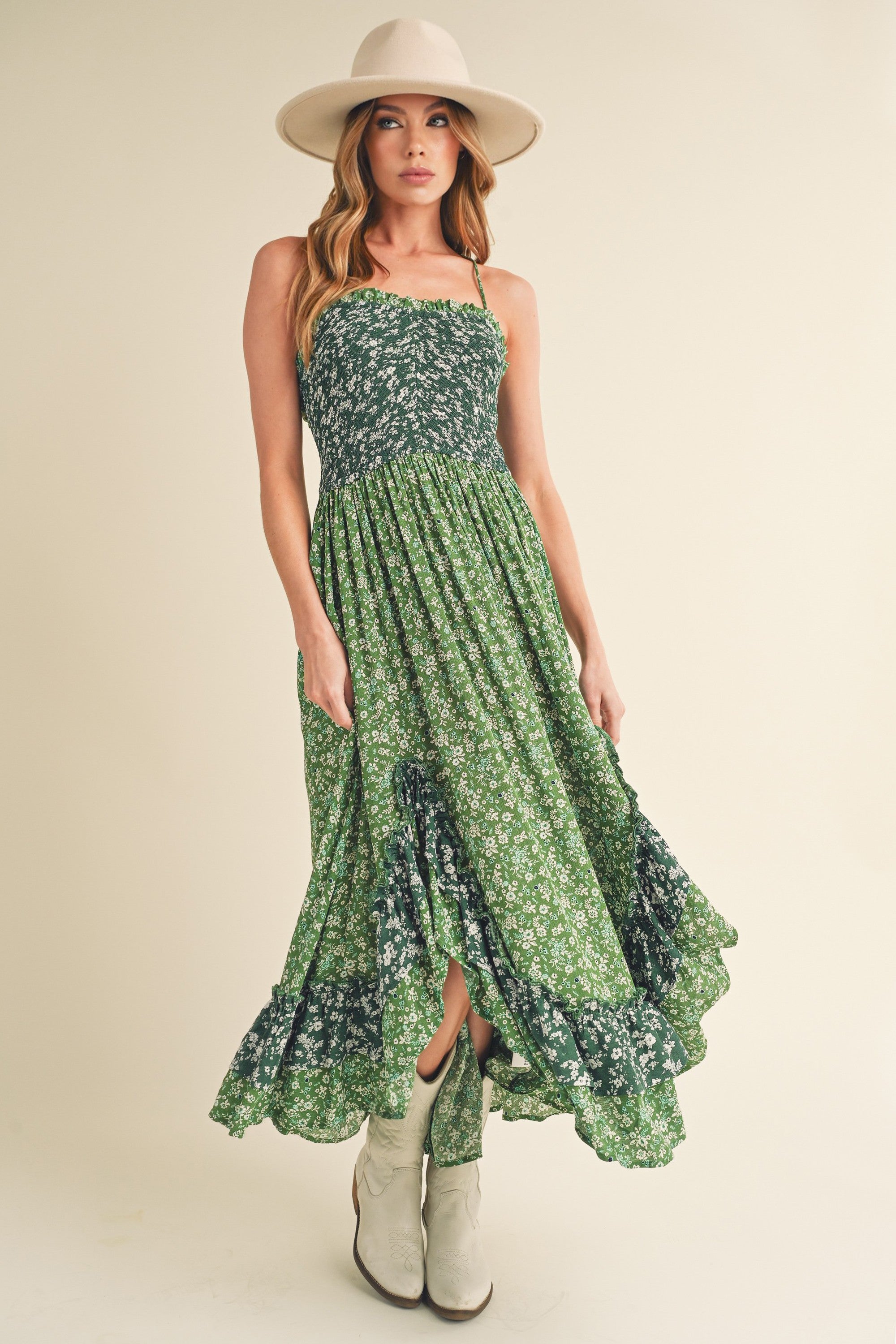 Summer Green Floral Ruffled Hem Maxi Cami Dress - Women's Boho Beach Dress for Vacation, Party & Date Night