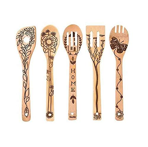 5-Piece Wooden Slotted Spoon Set - Handcrafted Burned Design - Kitchen, Dining & Bar Utensils - Perfect for Cooking, Serving & Decor (Yellow, One Size) - Ideal for Home, Restaurant & Outdoor BBQ Use
