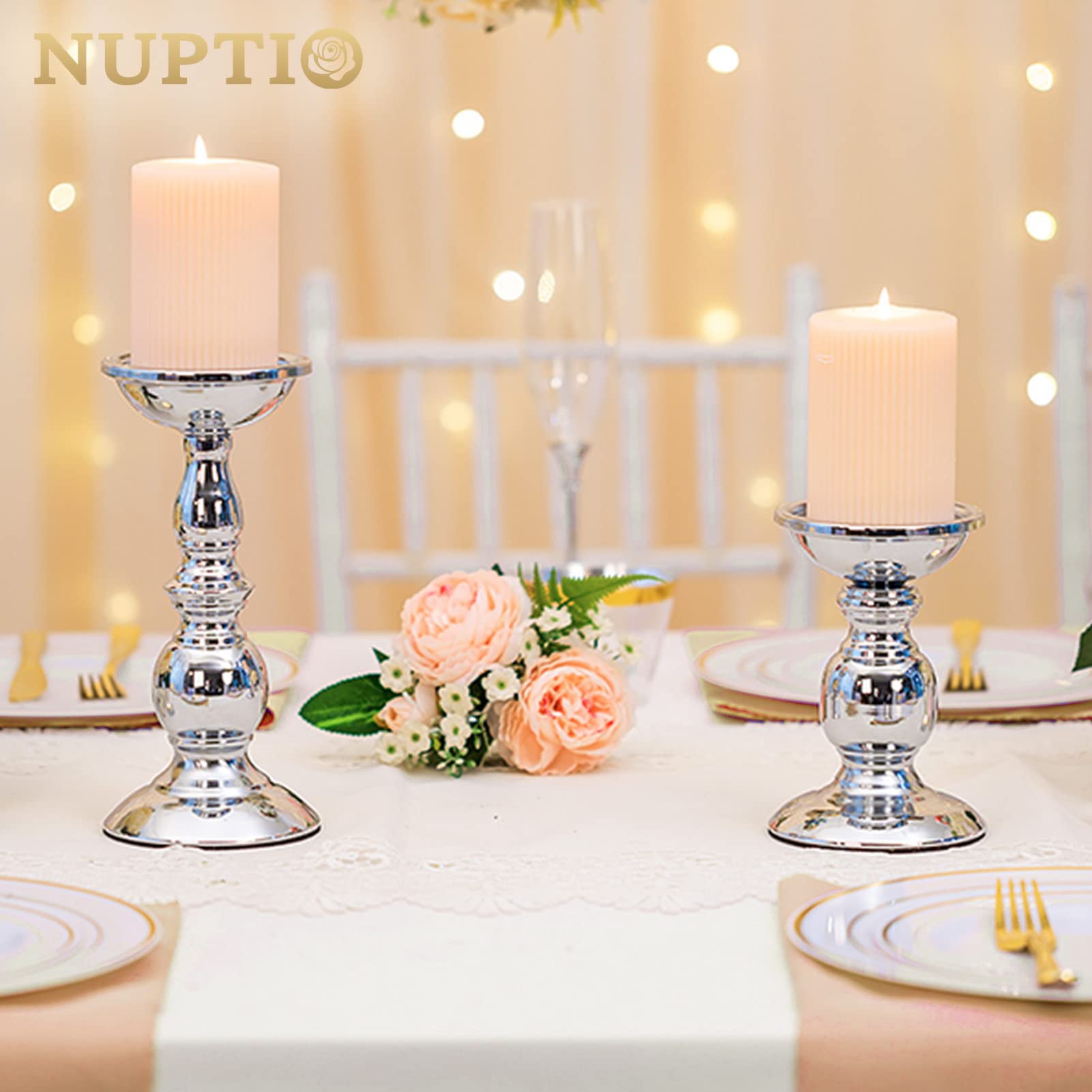 Elegant Silver Metal Pillar Candle Holders for 3-Inch Candles - Set of 2 | Perfect for Living Room Decor, Garden Ambiance, Spa Relaxation, Aromatherapy, Incense Cones, Weddings & Parties