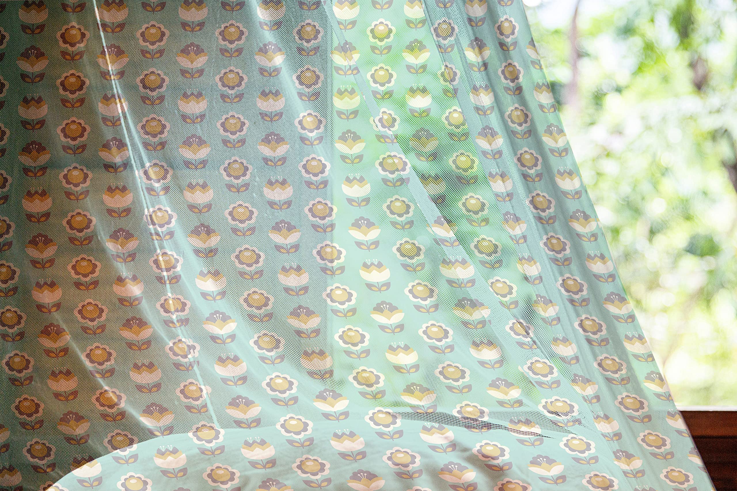 Ambesonne Floral Tulle Curtains with Rod Pocket - Vintage Tulip Print in Green & Cream, Sheer Window Drapes for Wedding, Bedroom & Living Room Decor (2 Panels, 108