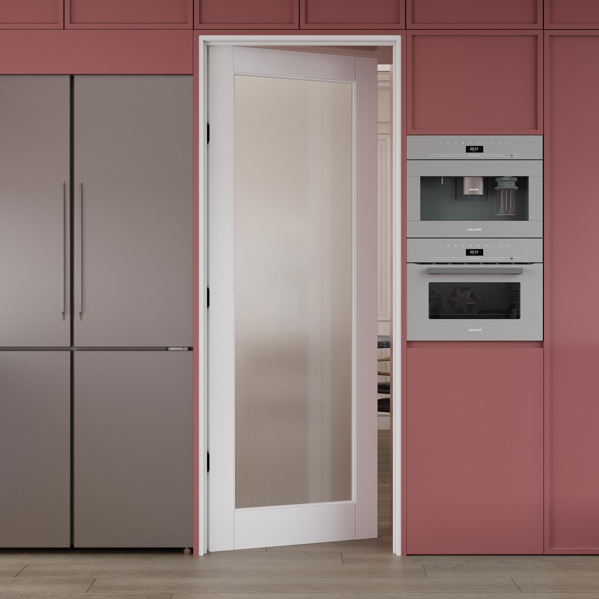Frosted Glass Prehung Interior Door - Paintable Solid Core Door Slab with Ready-to-Assemble Jamb Kit - 36x80 Inches White Primed - Perfect for Living Room, Pantry, Laundry Room & Home Office Privacy