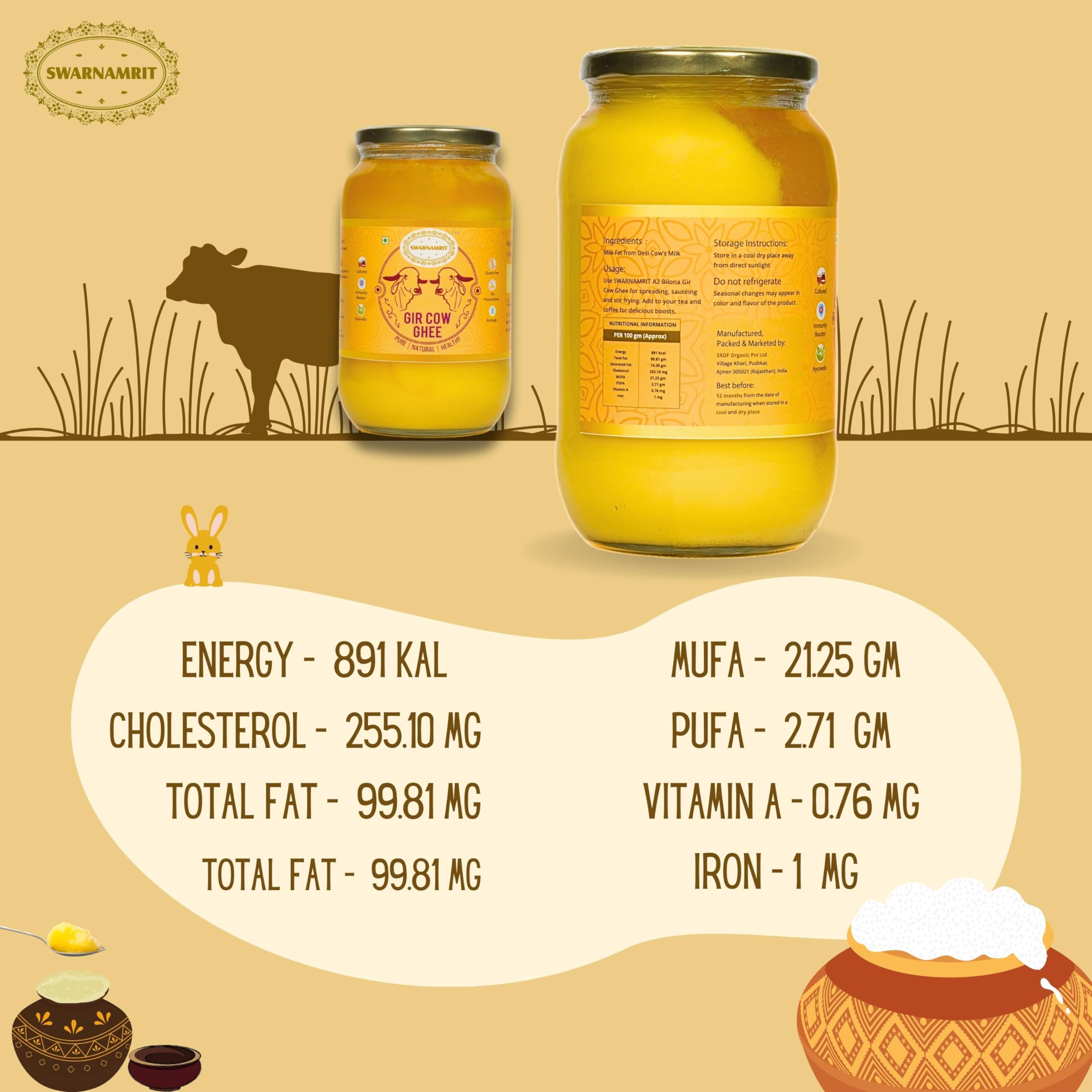 Premium SWARNAMRIT A2 Desi Gir Cow Ghee - 100% Pure Vedic Bilona Method - Glass Jar (1 Liter X 2 Pack) - Ideal for Cooking, Ayurvedic Remedies & Healthy Lifestyle