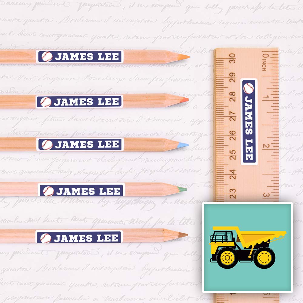Peel & Stick Waterproof Name Labels - 80 Personalized Skinny Truck Design Labels for Kids School Supplies, Lunch Boxes & Water Bottles