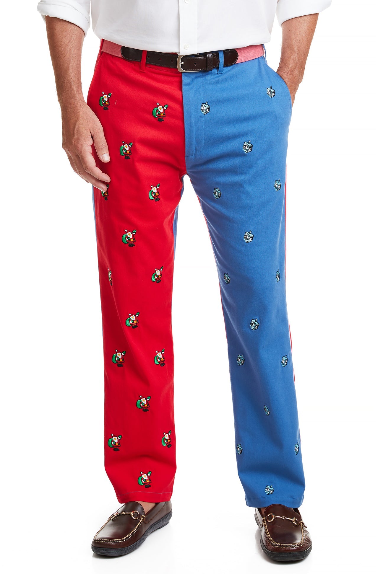 Stylish Harbor Pant in Deep Ocean Blue & Bright Red with Dreidel & Santa Design - Perfect for Hanukkah & Christmas Celebrations