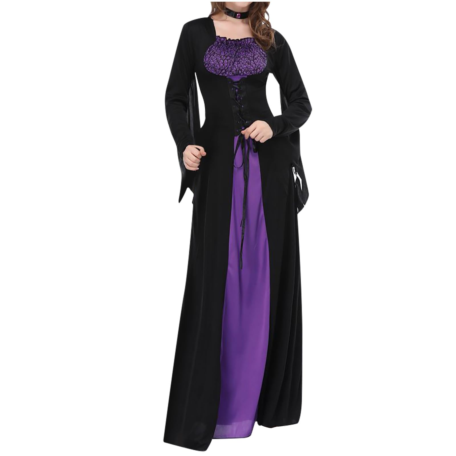Gothic Witch Dress for Women - Medieval Renaissance Long Sleeve Maxi Dress with Lace Ruffle Trim | Halloween Costume, Cosplay, LARP & Gothic Fashion