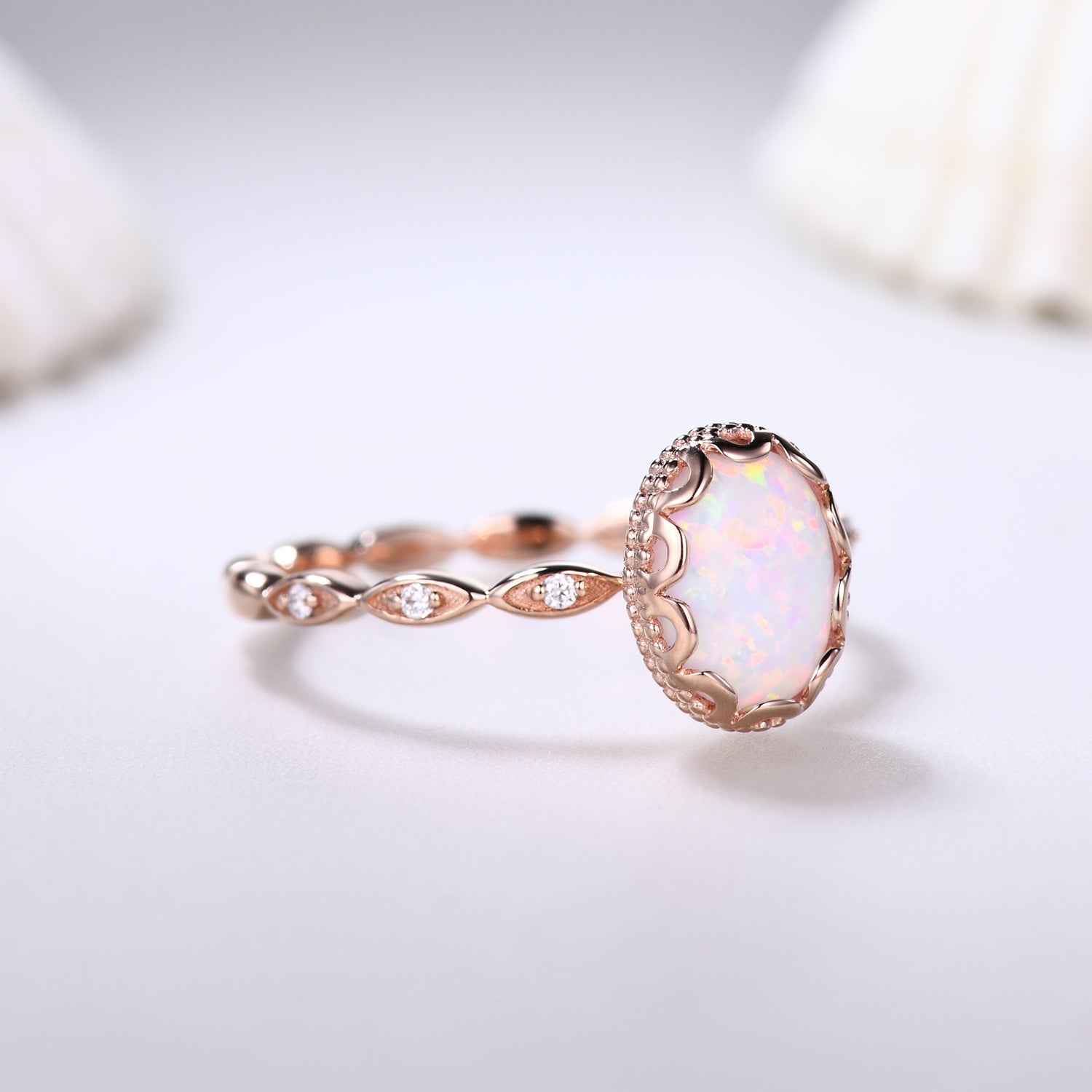 Filigree White Opal Bridal Ring - Rose Gold Full Eternity Band for Wedding, Anniversary & October Birthstone Gift - Perfect for Engagement, Bridal Shower & Romantic Occasions