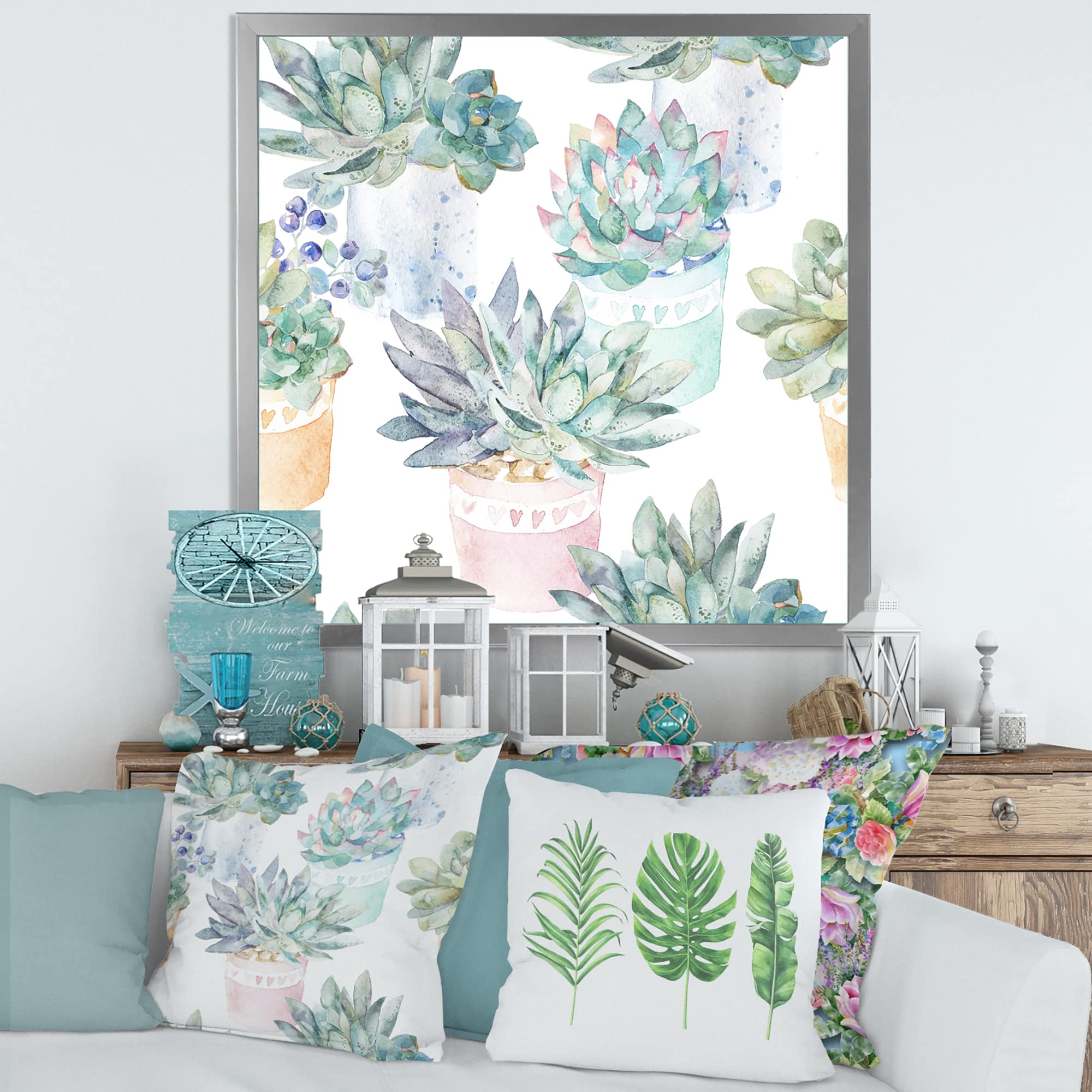 Pastel Toned Succulent Houseplants - Traditional Framed Wall Art Decor for Living Room, Bedroom & Office | Botanical Home Décor | Perfect Gift for Plant Lovers