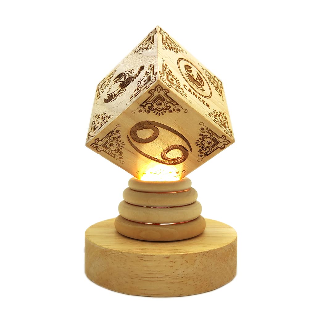 Zodiac Cancer Wooden Desk Lamp - Engraved LED Night Light with Adjustable Brightness for Home Office, Bedside Table & Study Room Decor